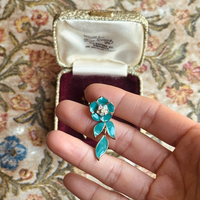 Vintage peacock green flower drop clip-on earrings