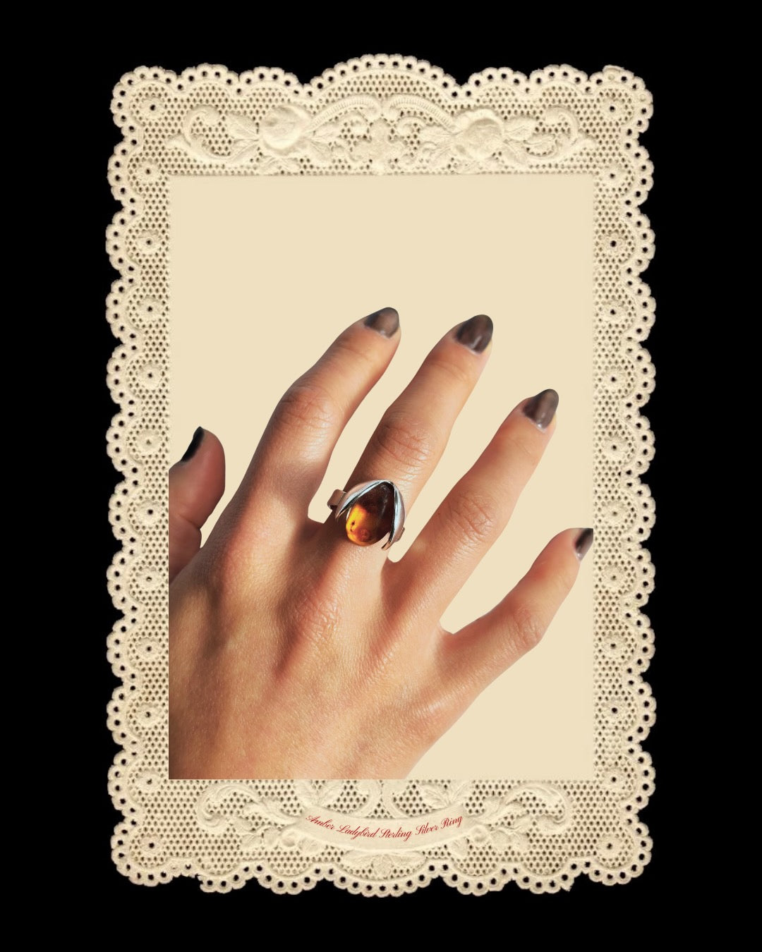 Vintage Amber Ladybird Sterling Silver Ring