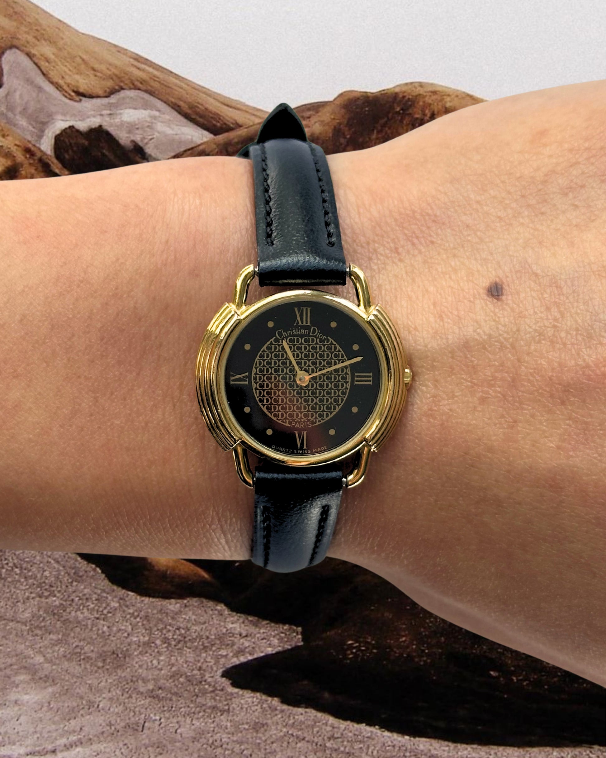 1980s Dior black dial leather quartz watch