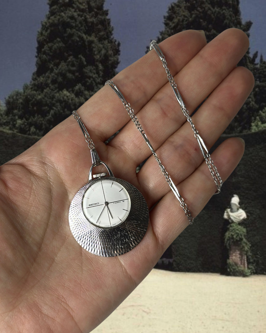 1970s Seiko silver tone mechanical watch necklace