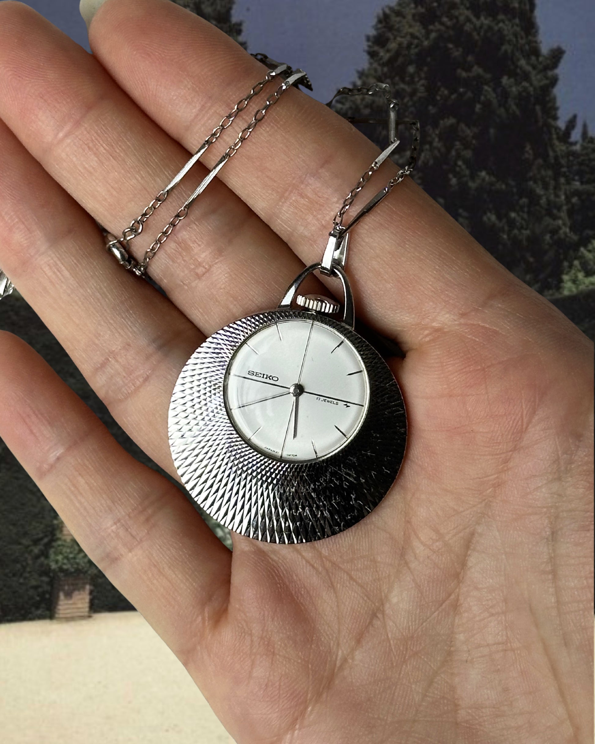 1970s Seiko silver tone mechanical watch necklace