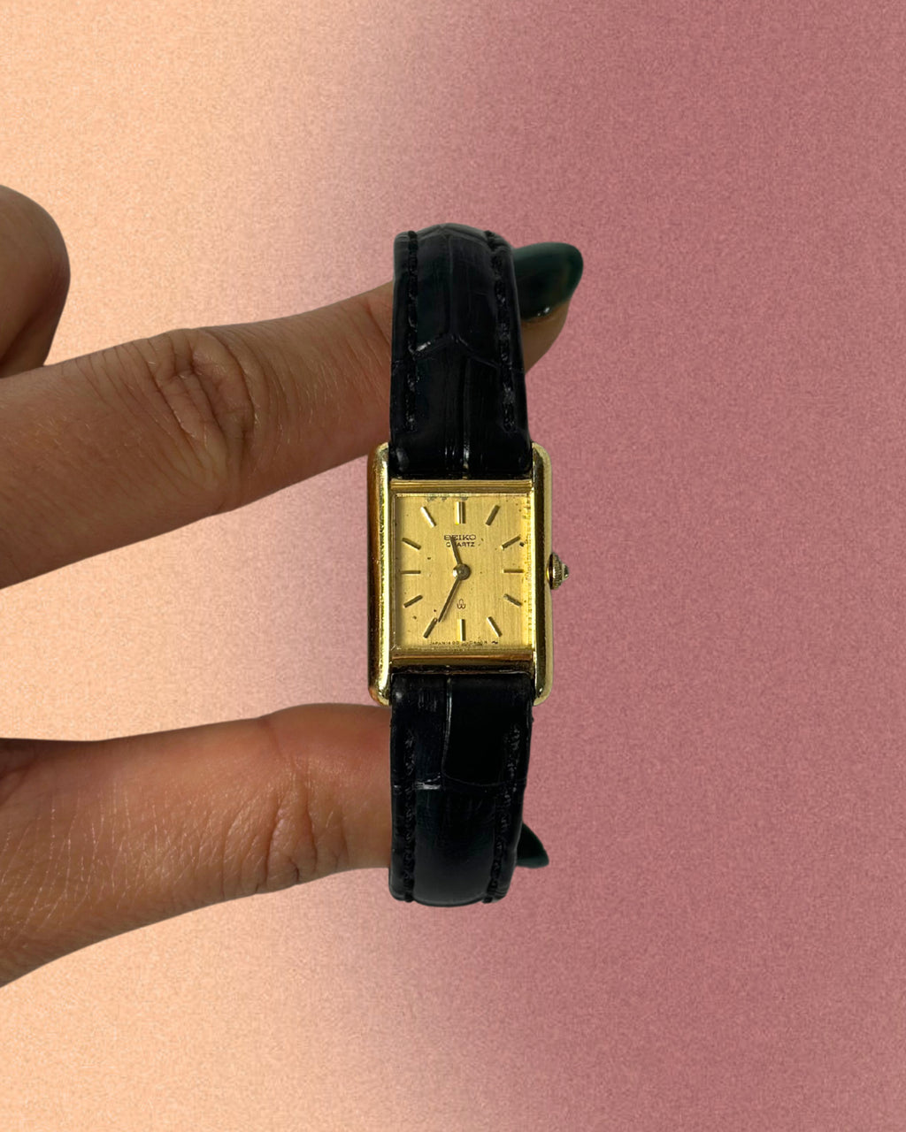 1980s Seiko rectangle black leather quartz watch