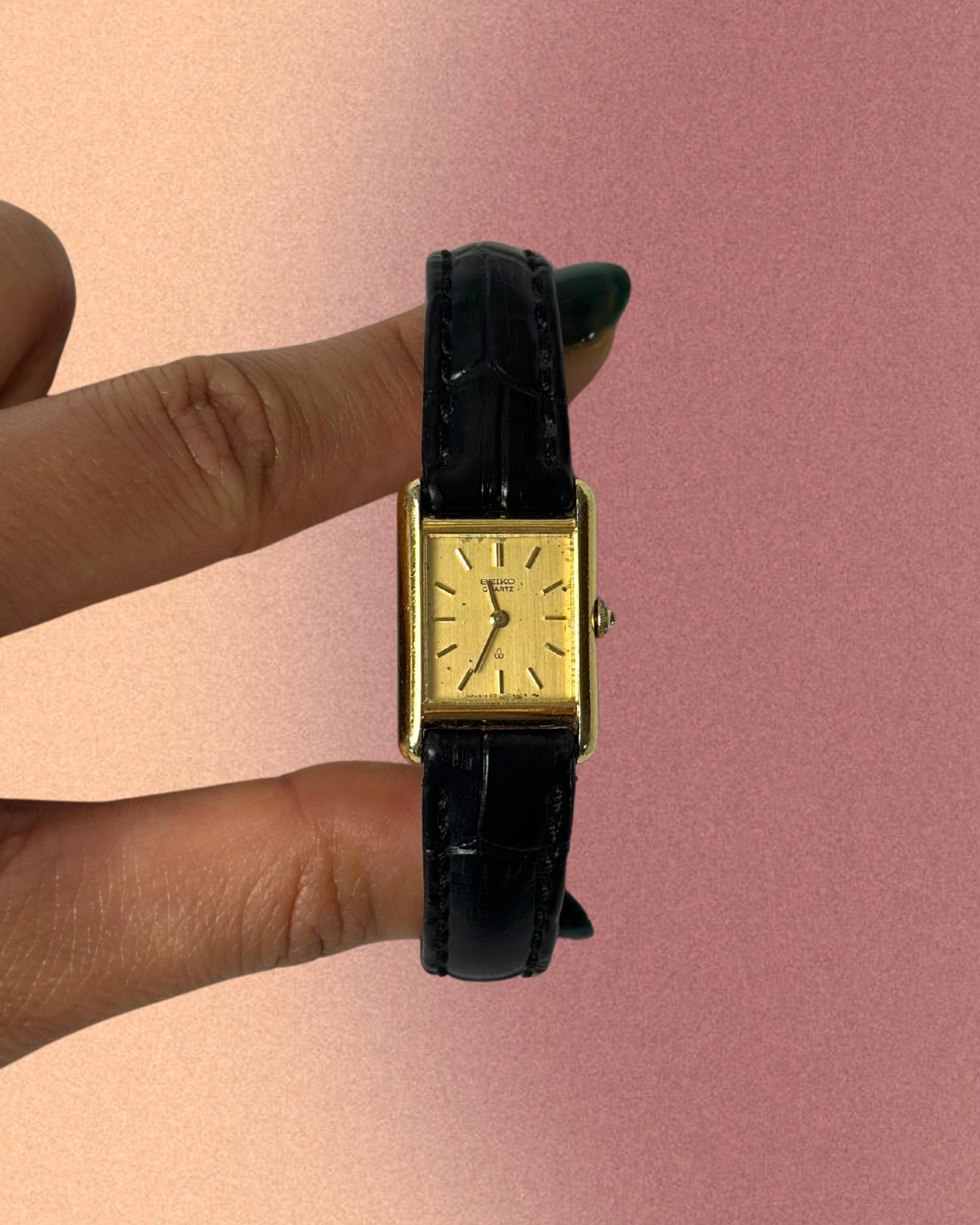 1980s Seiko rectangle black leather quartz watch