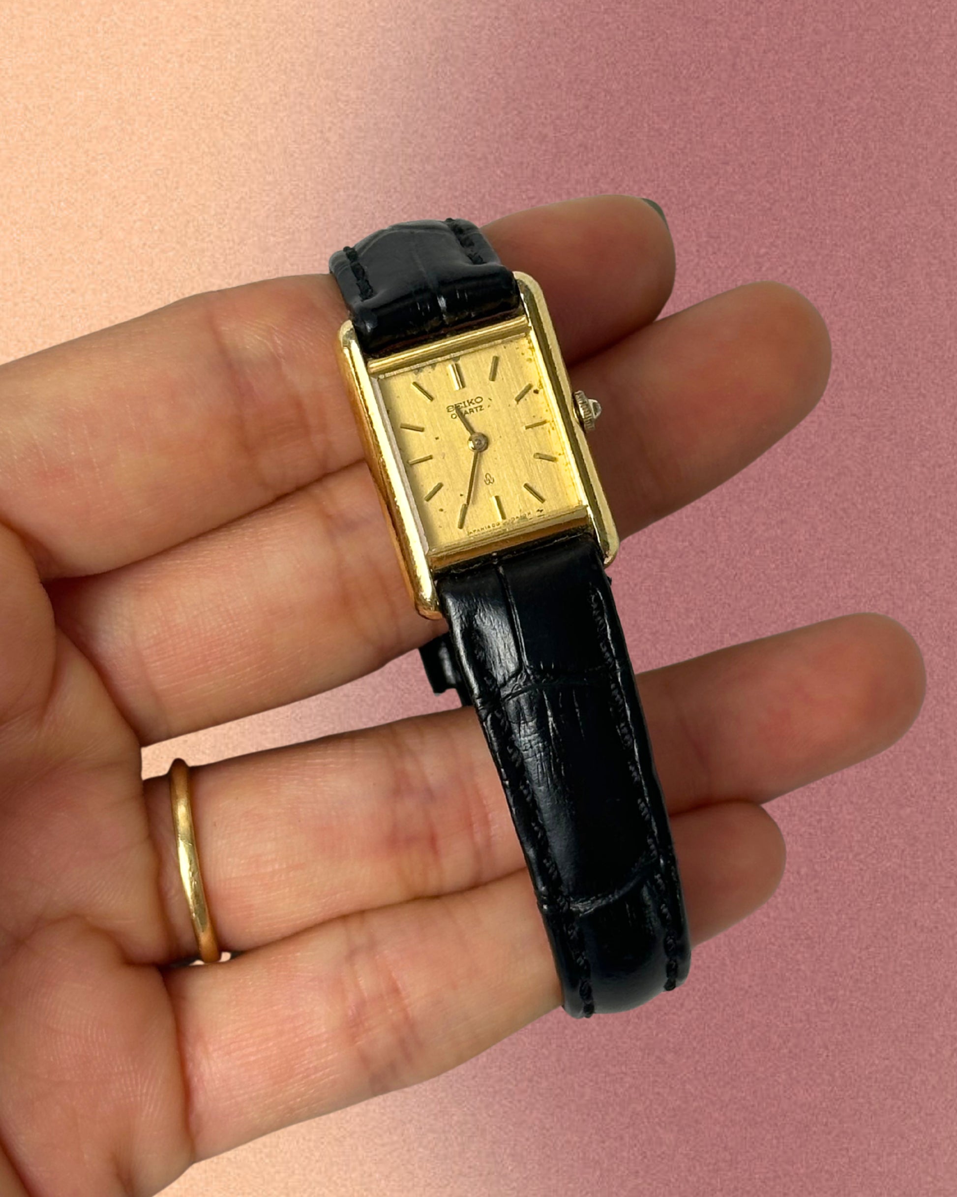 1980s Seiko rectangle black leather quartz watch