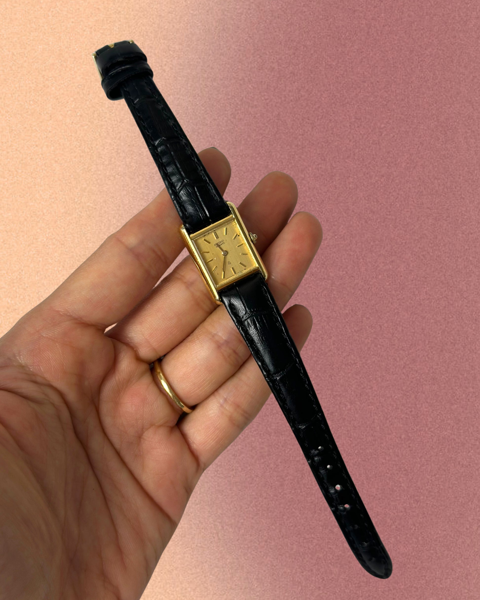 1980s Seiko rectangle black leather quartz watch