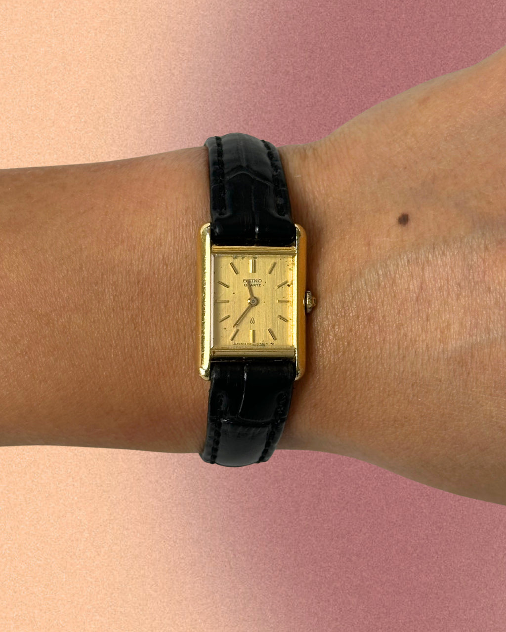 1980s Seiko rectangle black leather quartz watch