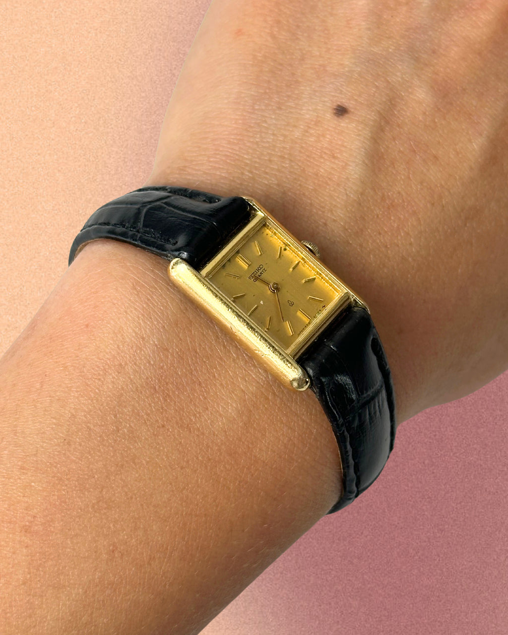 1980s Seiko rectangle black leather quartz watch