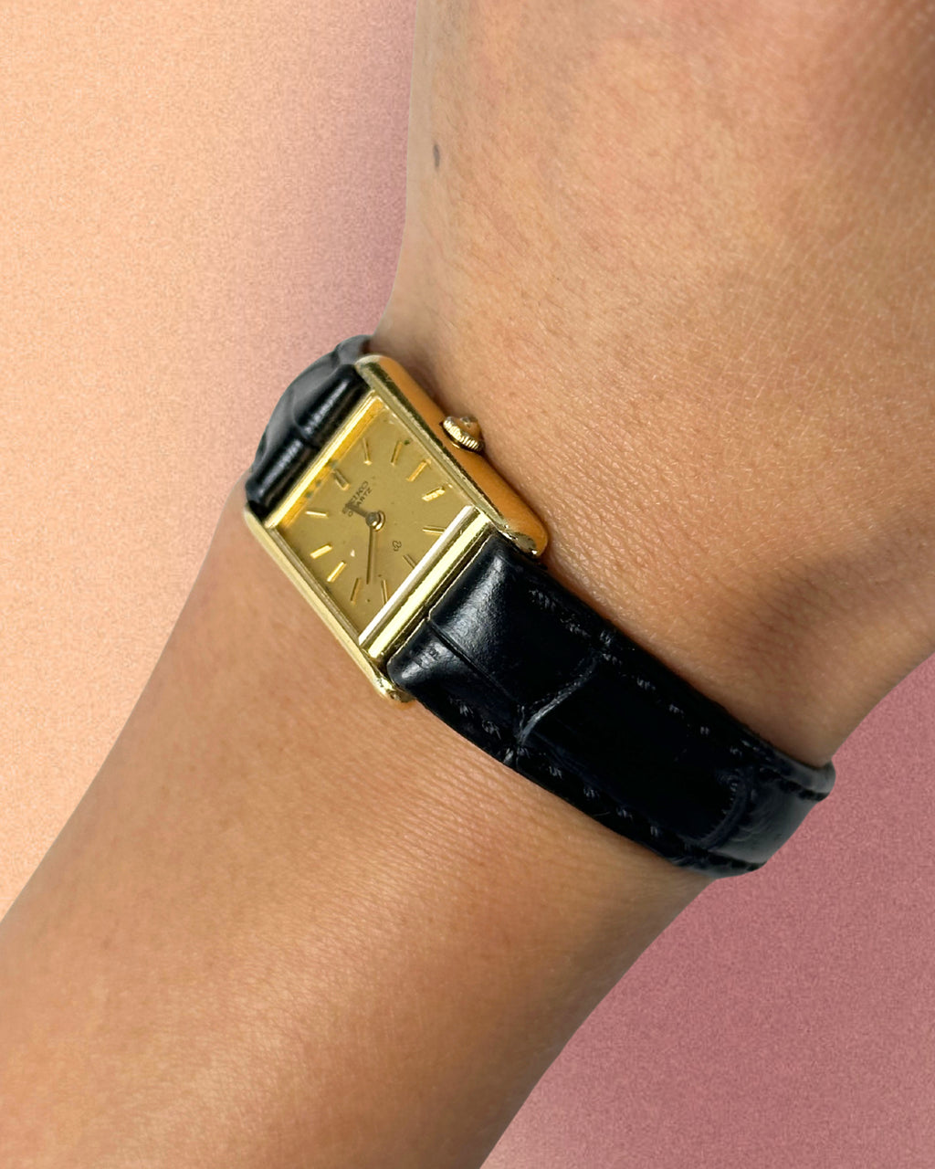 1980s Seiko rectangle black leather quartz watch
