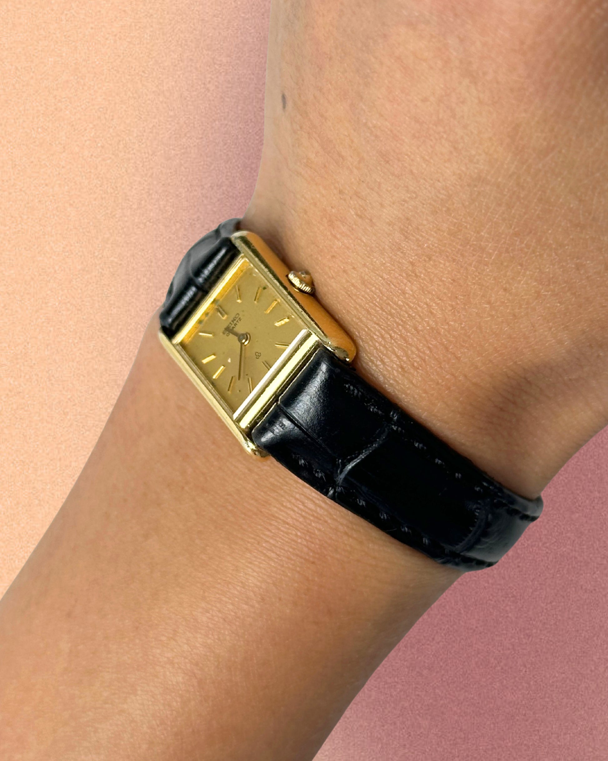 1980s Seiko rectangle black leather quartz watch