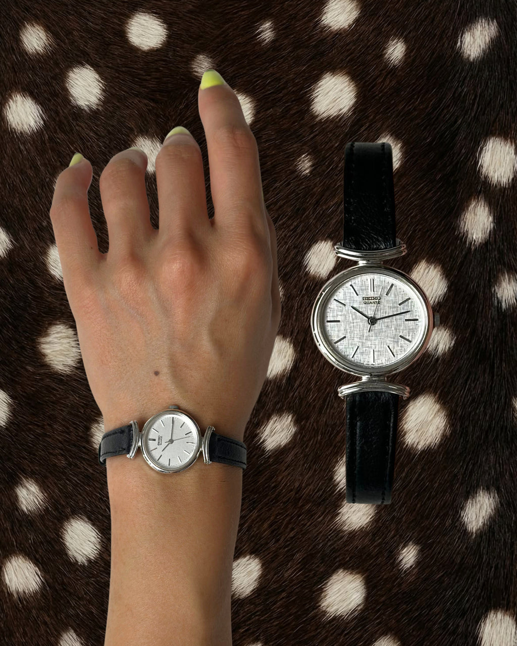 1980s Seiko round black leather quartz watch