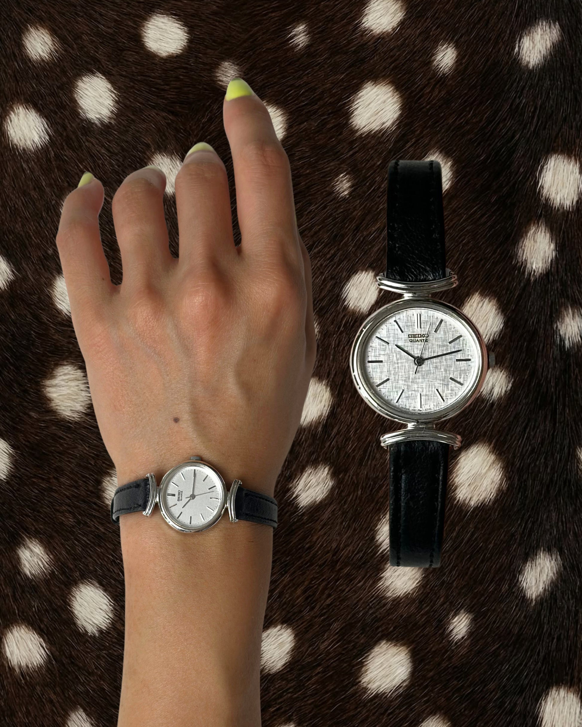 1980s Seiko round black leather quartz watch