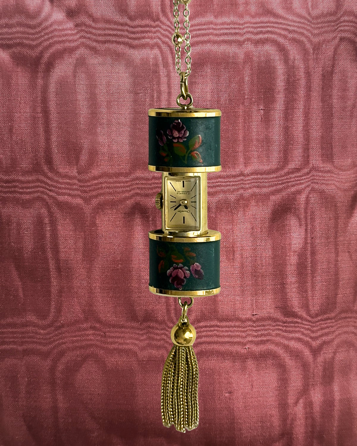 1960s Chandler tassel painted mechanical watch necklace