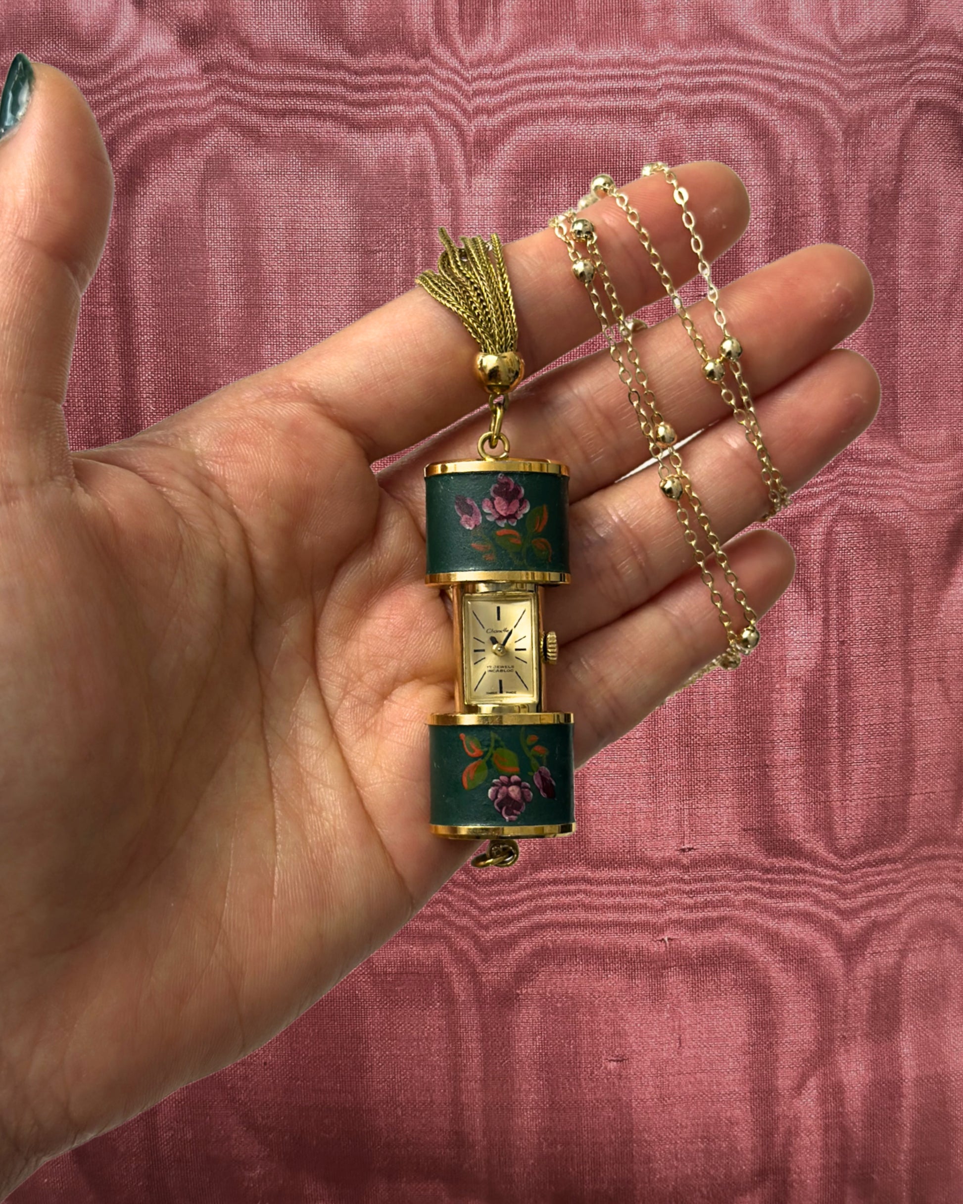 1960s Chandler tassel painted mechanical watch necklace