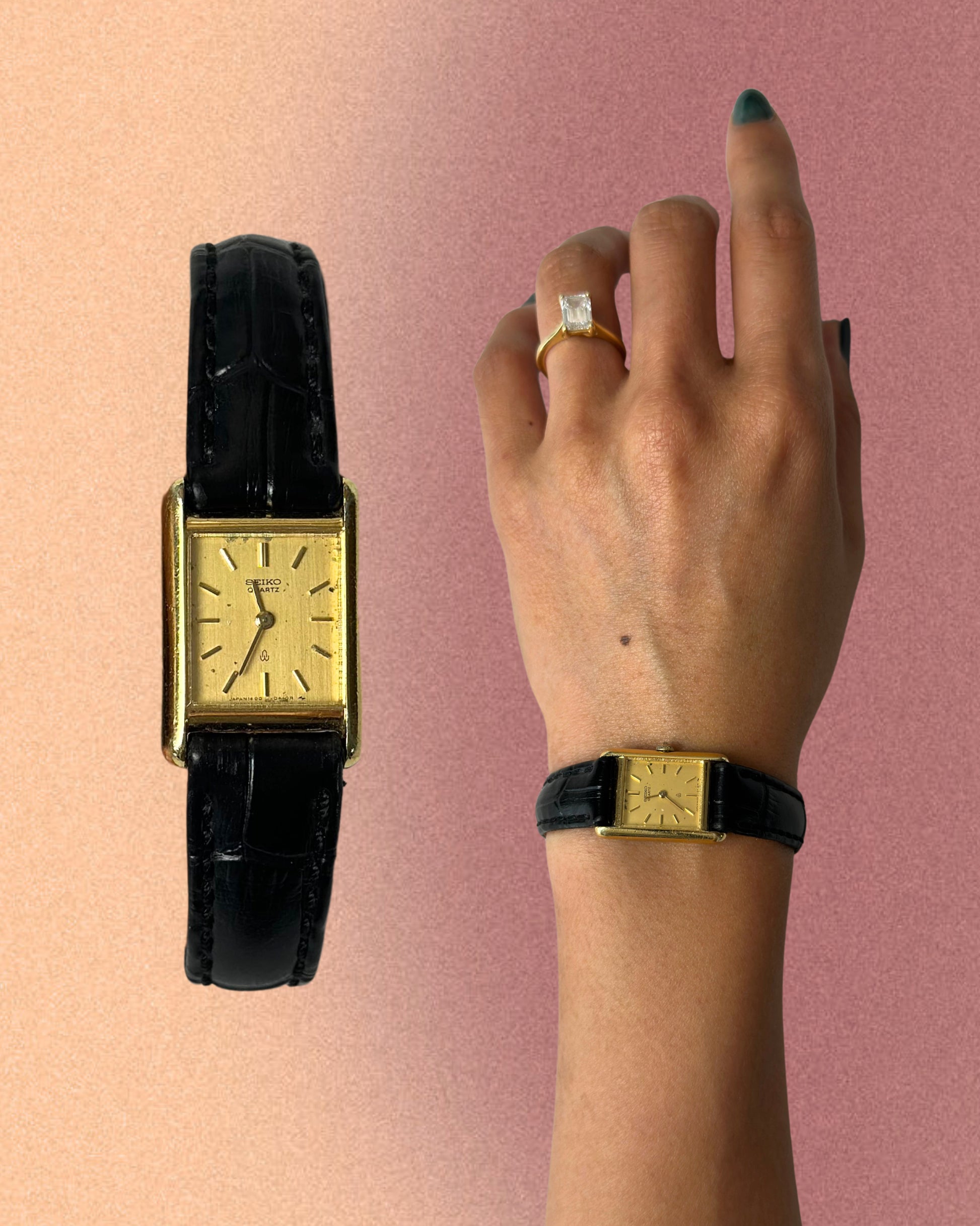 1980s Seiko rectangle black leather quartz watch