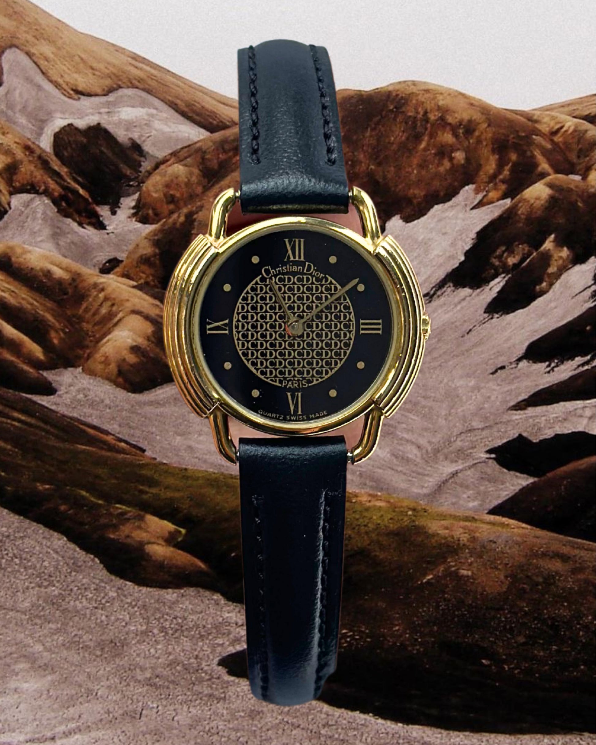 1980s Dior black dial leather quartz watch