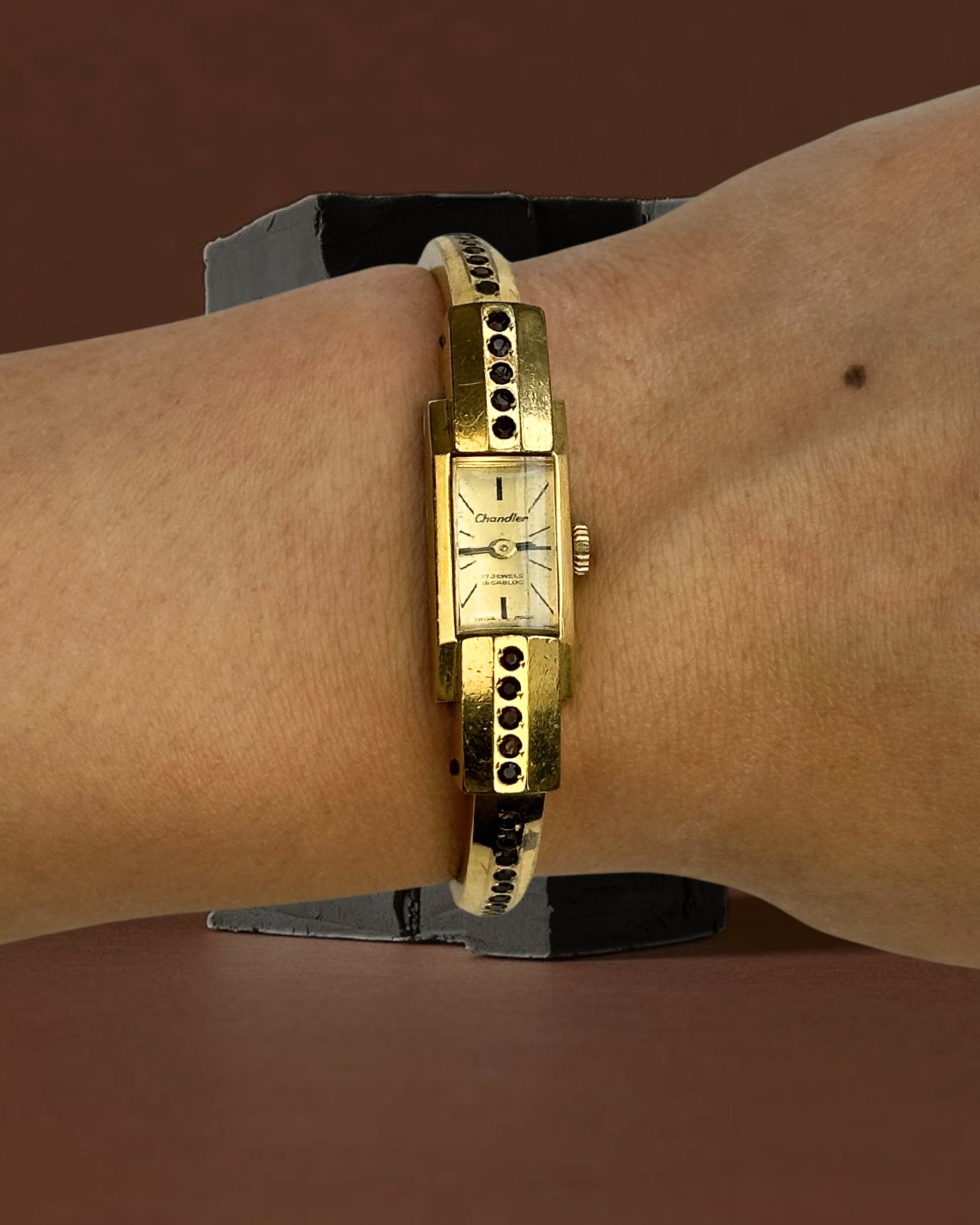 1950s Chandler garnet gold-plated bangle mechanical watch