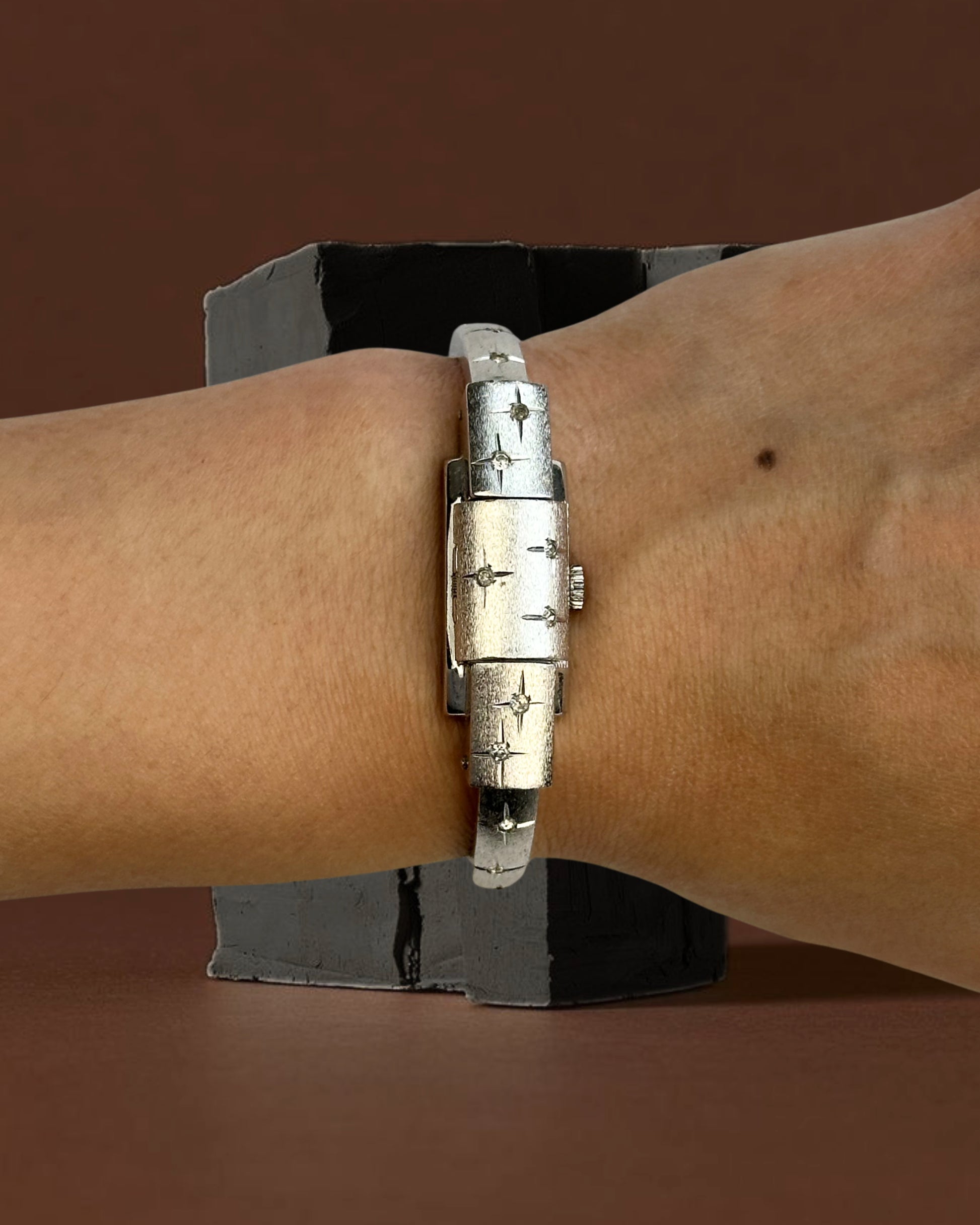 1950s Chandler rhinestone peek-a-boo bangle mechanical watch