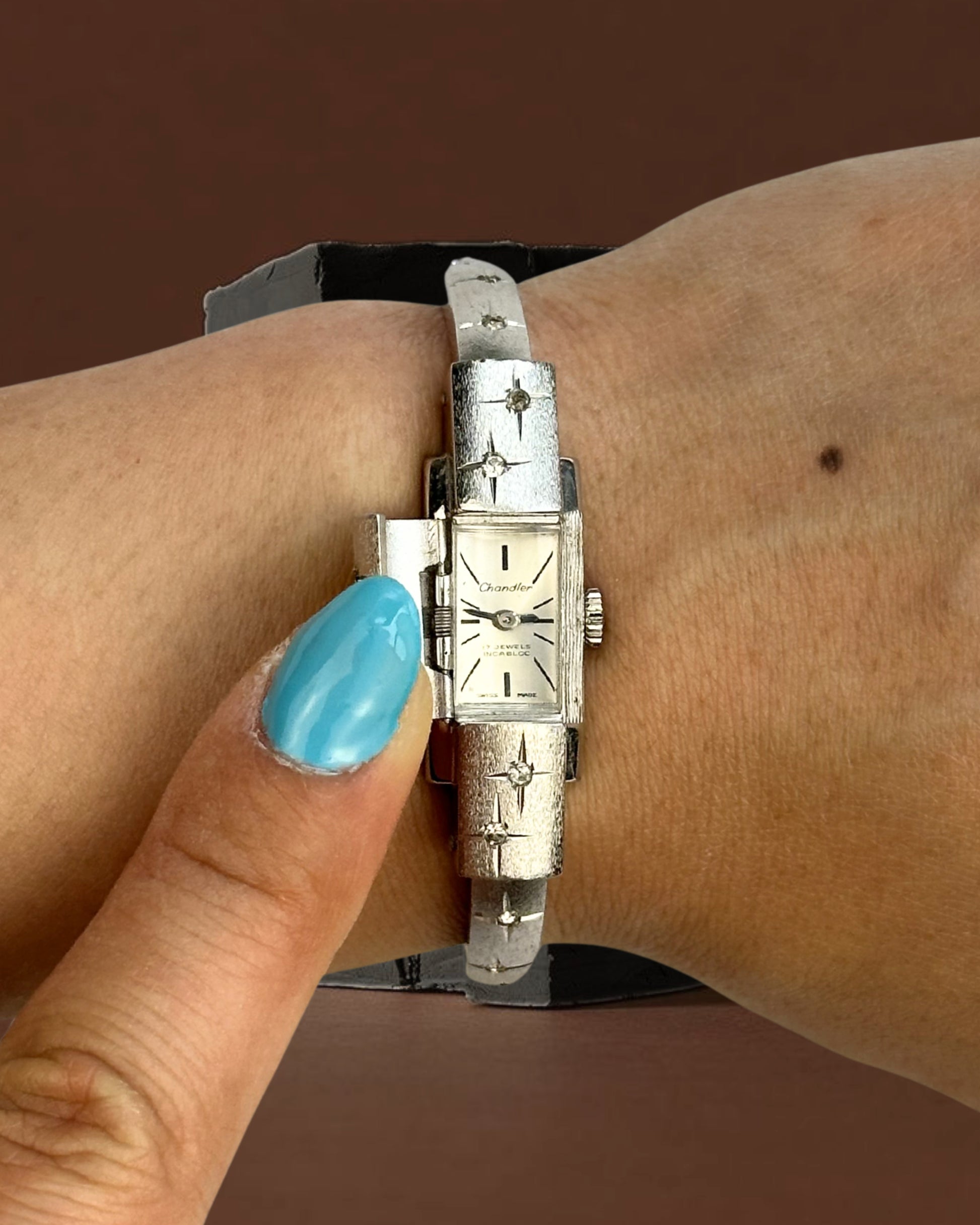 1950s Chandler rhinestone peek-a-boo bangle mechanical watch