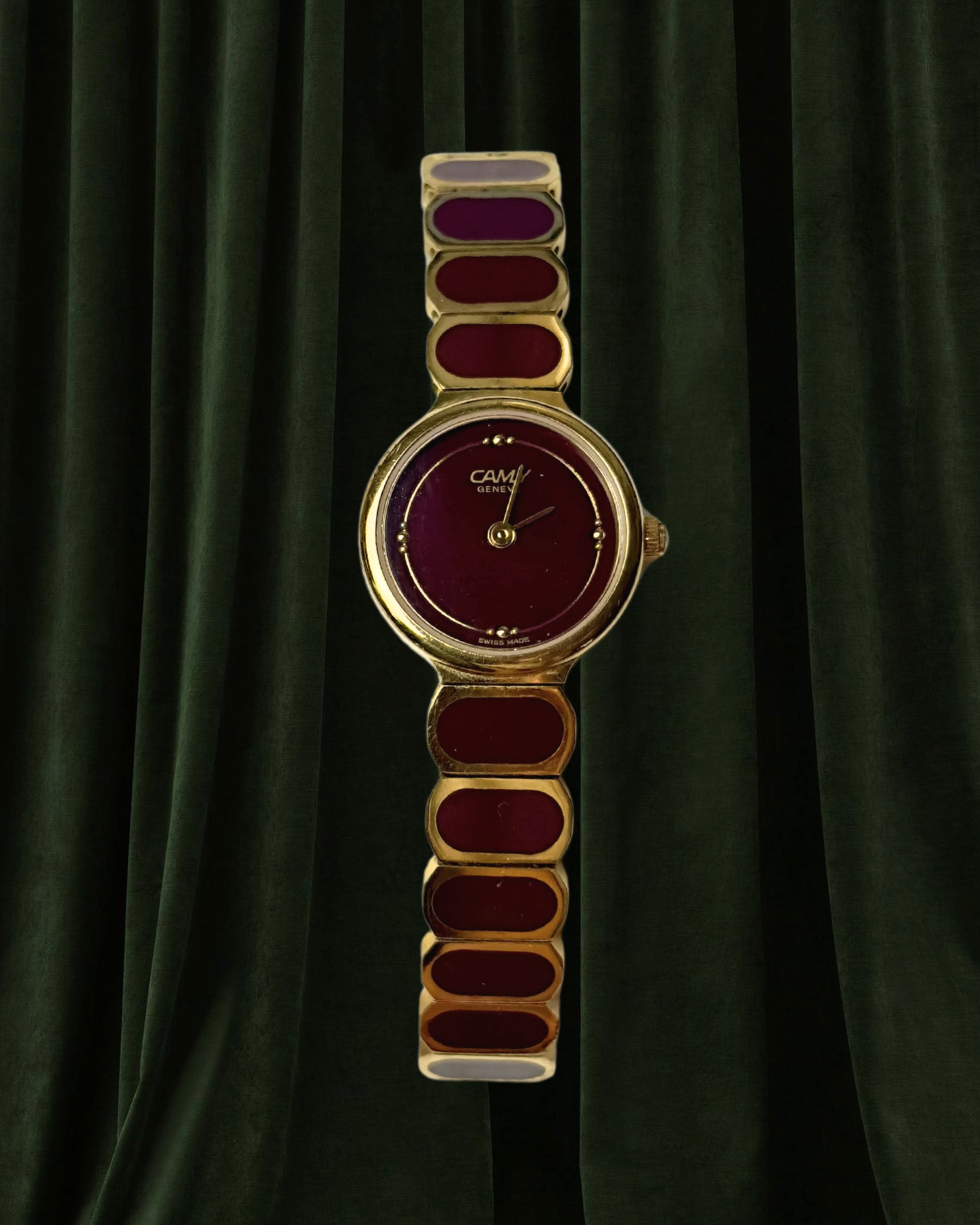1980s Camy Geneve burgundy round quartz watch
