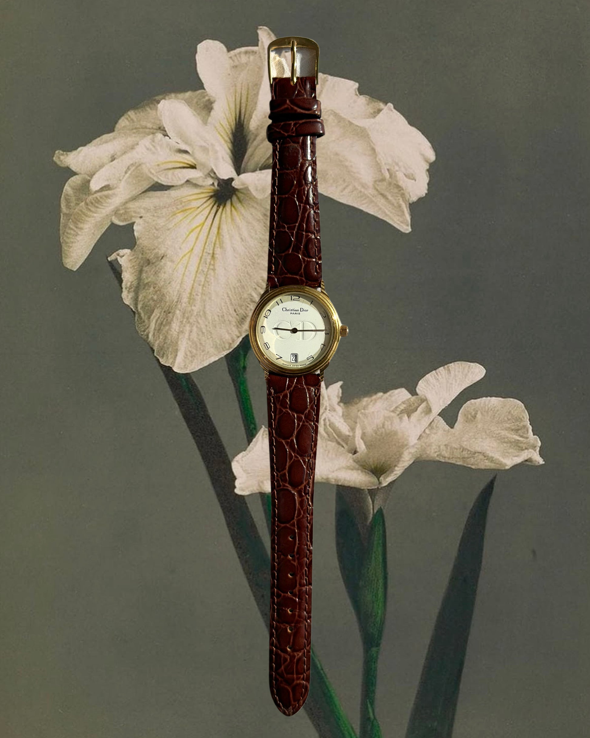 1980s Christian Dior gold and brown leather quartz watch
