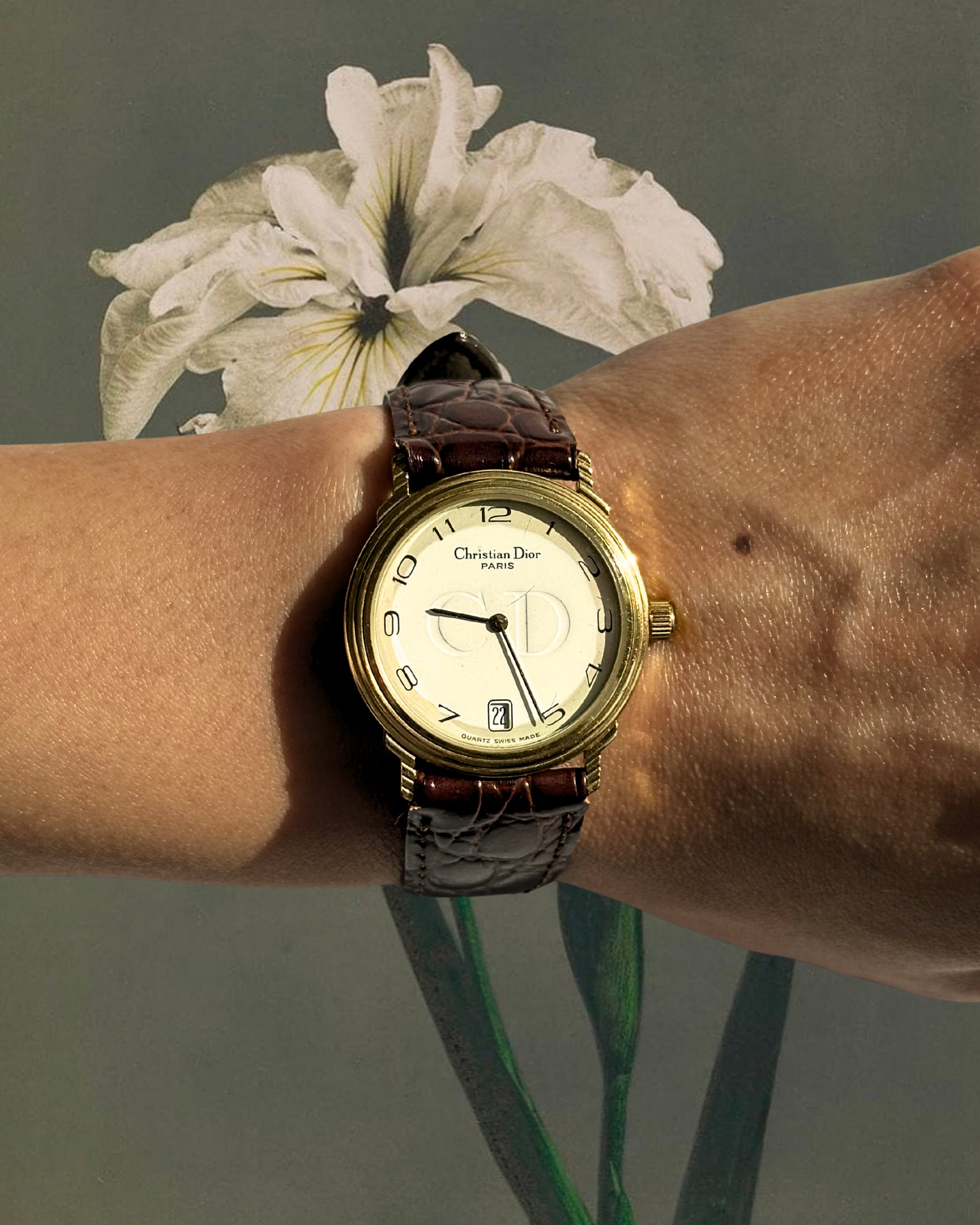 1980s Christian Dior gold and brown leather quartz watch