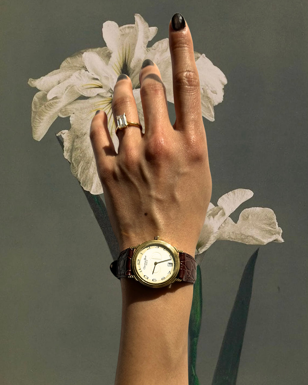 1980s Christian Dior gold and brown leather quartz watch