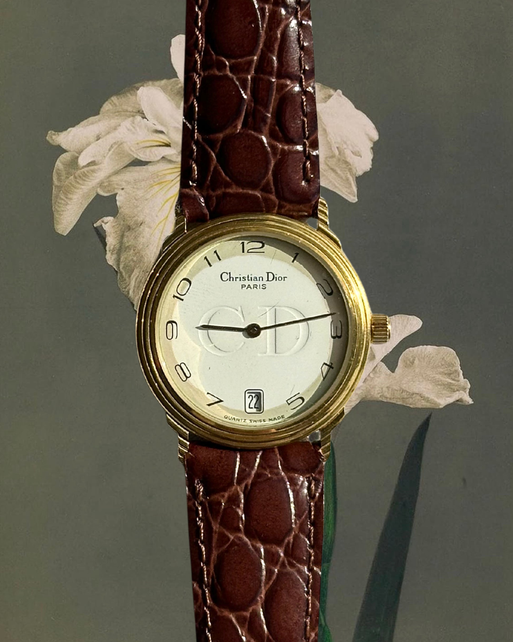 1980s Christian Dior gold and brown leather quartz watch