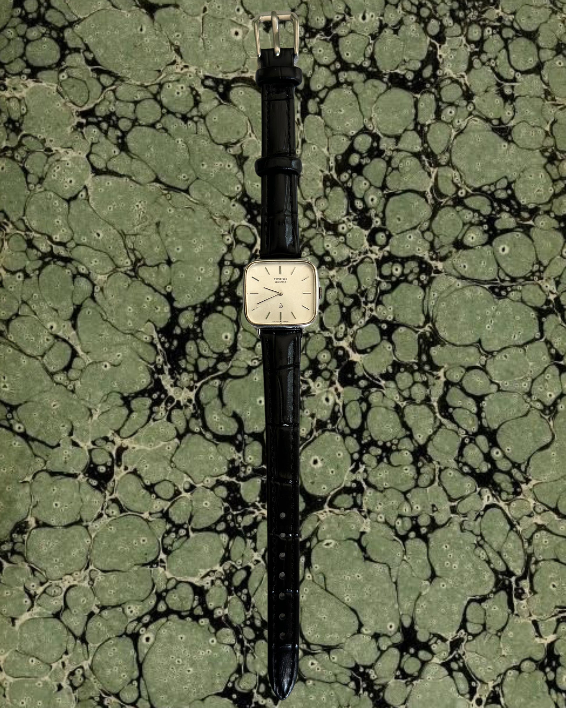 1980s Seiko square black leather quartz watch
