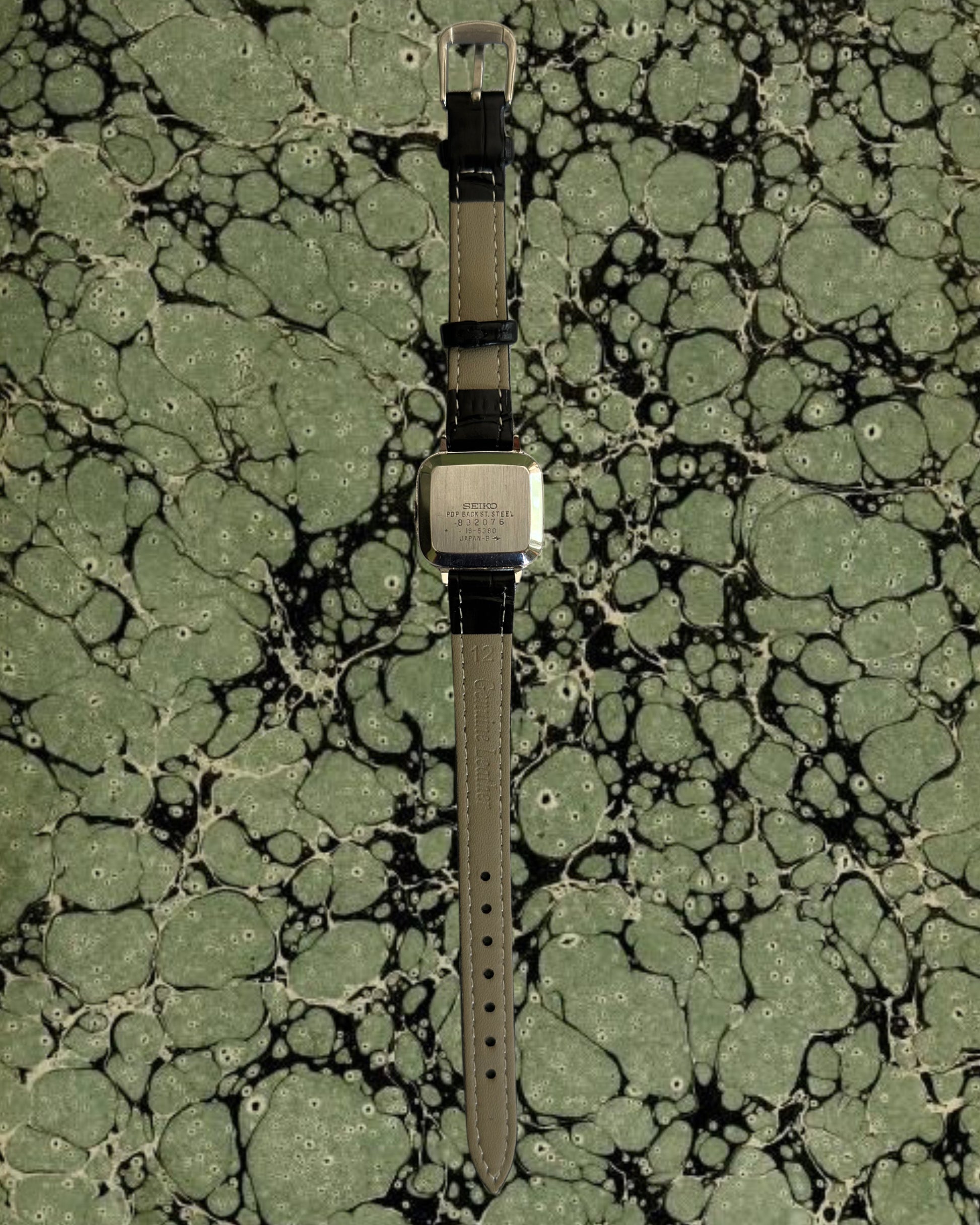 1980s Seiko square black leather quartz watch
