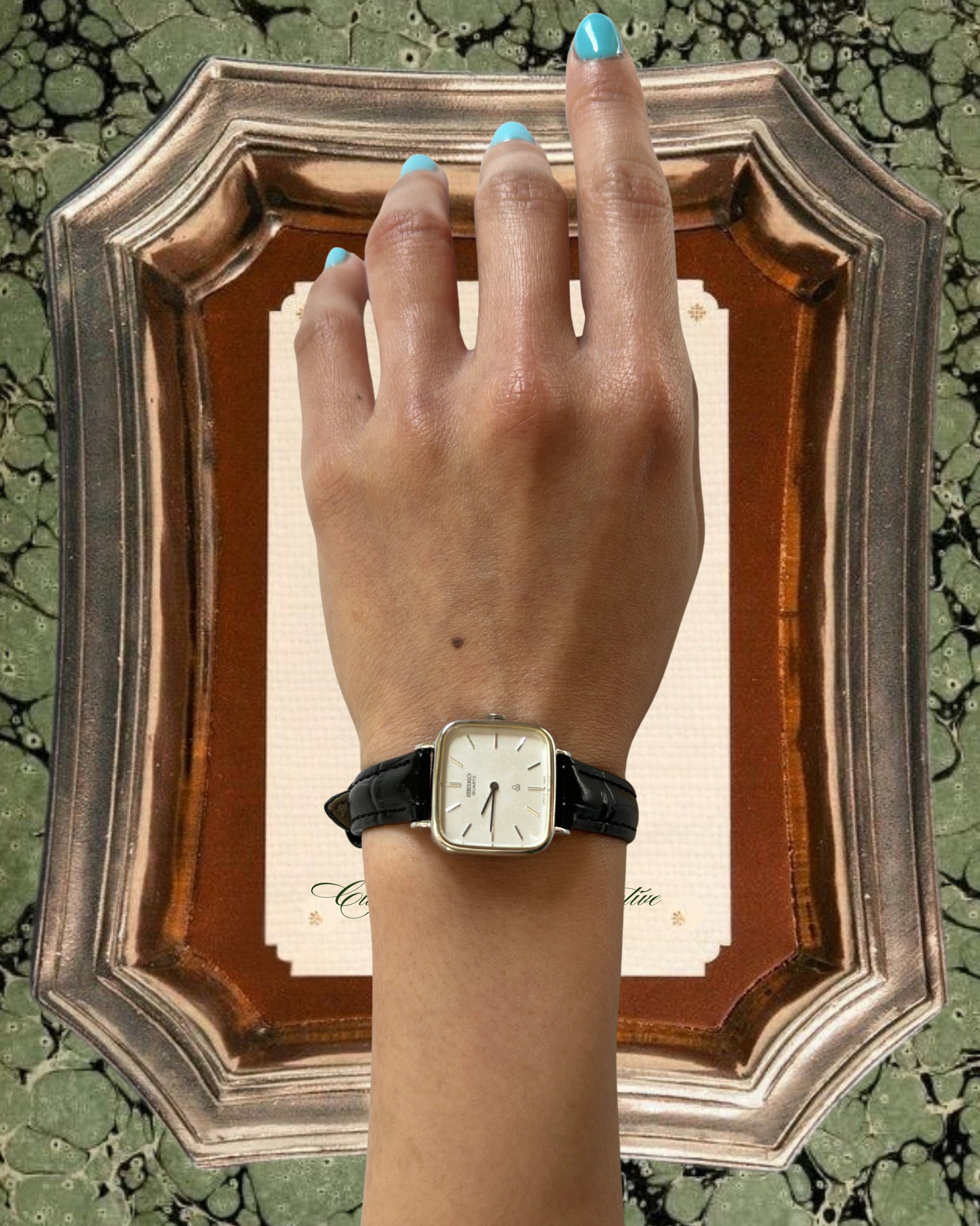 1980s Seiko square black leather quartz watch