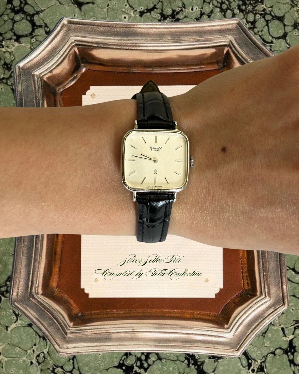 1980s Seiko square black leather quartz watch