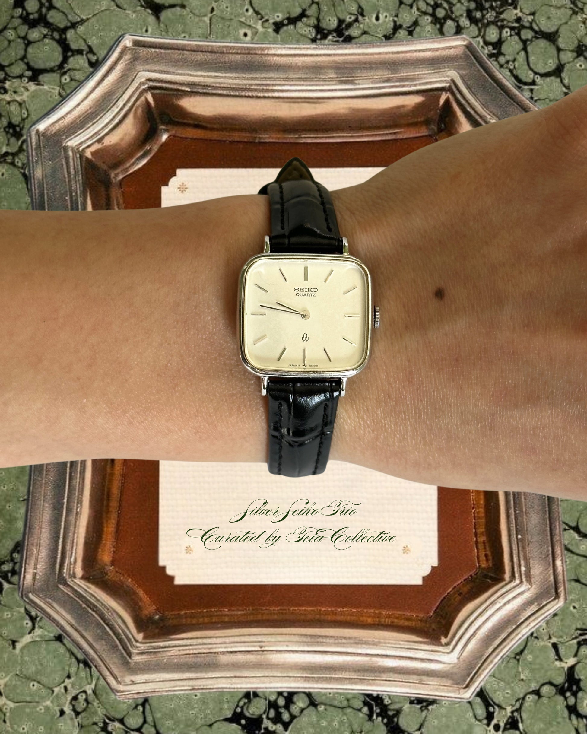 1980s Seiko square black leather quartz watch