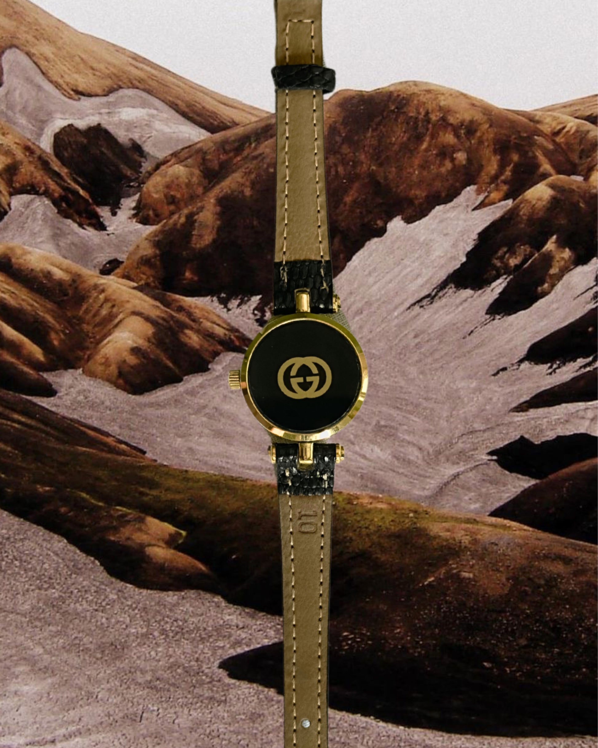 1980s Gucci Roman dial black leather quartz watch