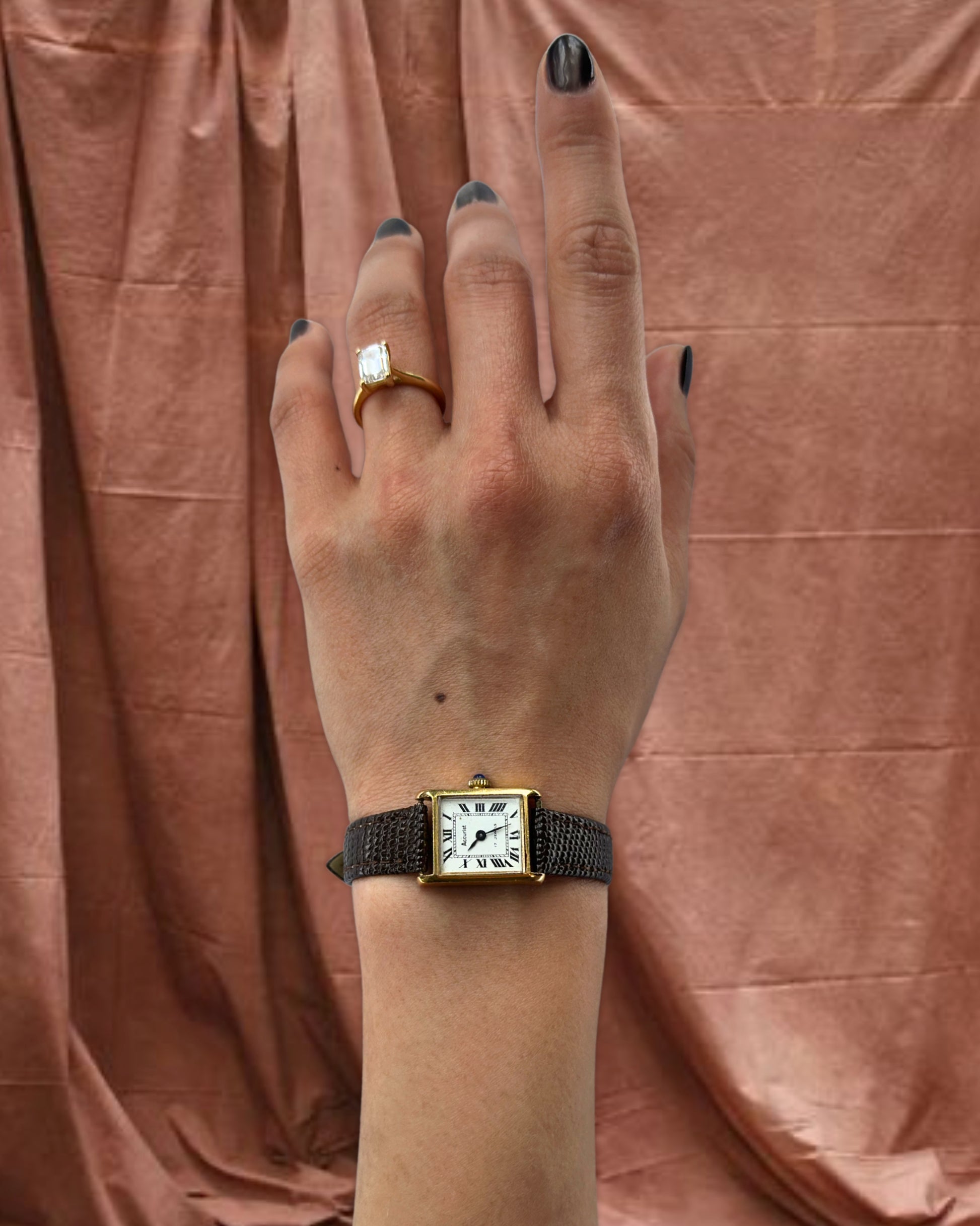 1970s Accurist Square Brown Leather Mechanical Watch