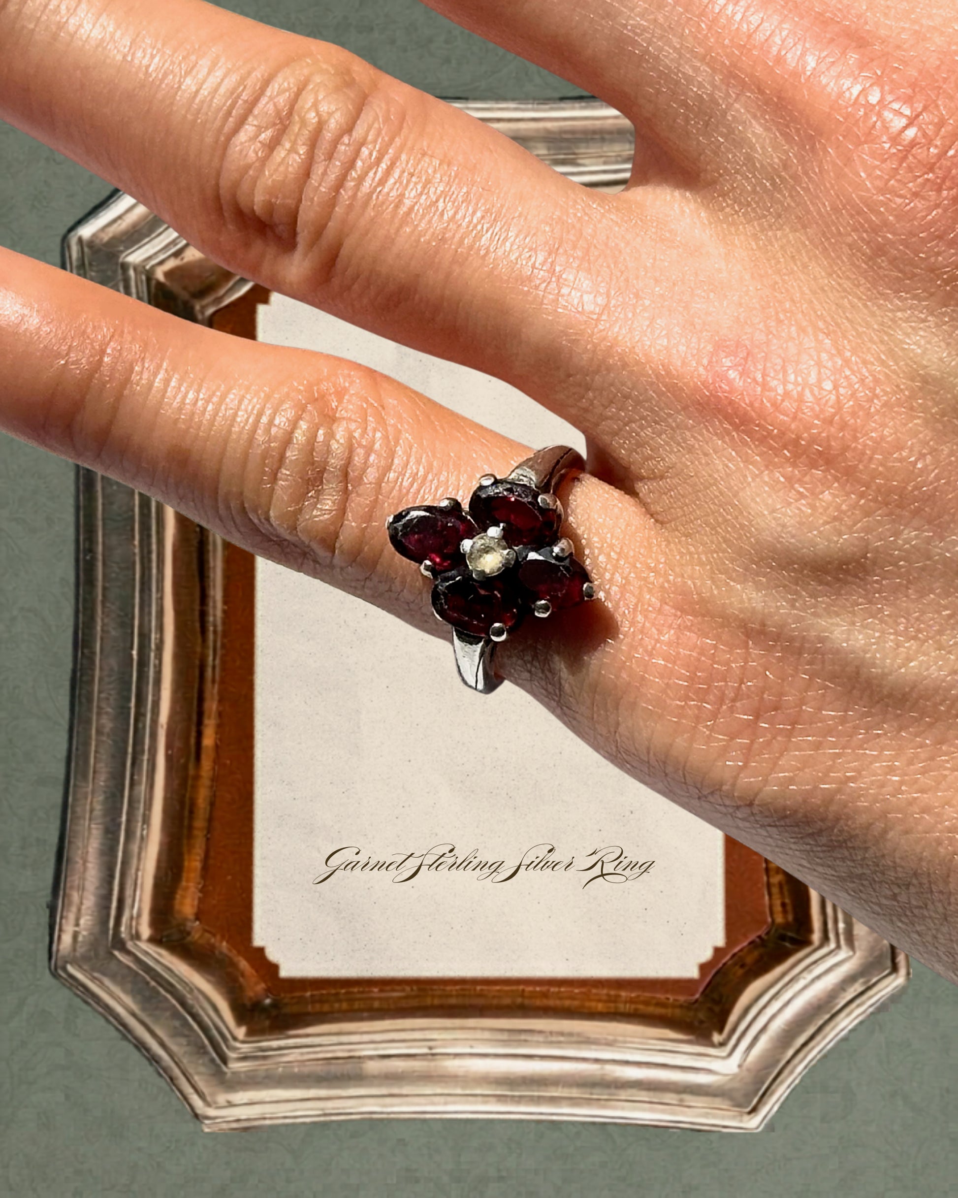 Garnet flower sterling silver pinky ring