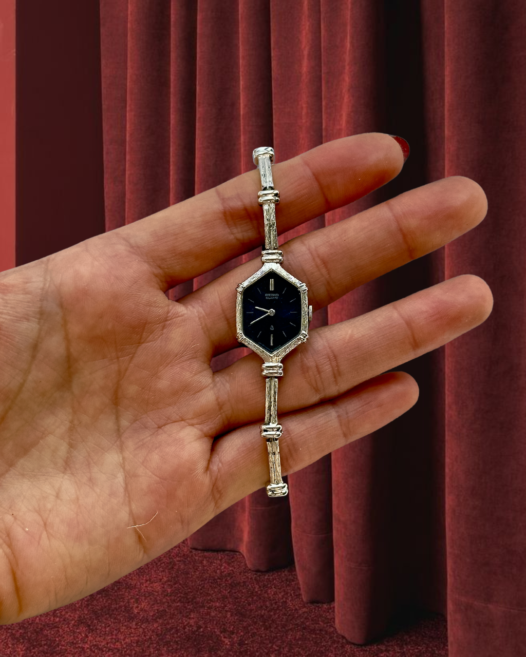 1980s Seiko blue hexagon silver-plated quartz watch