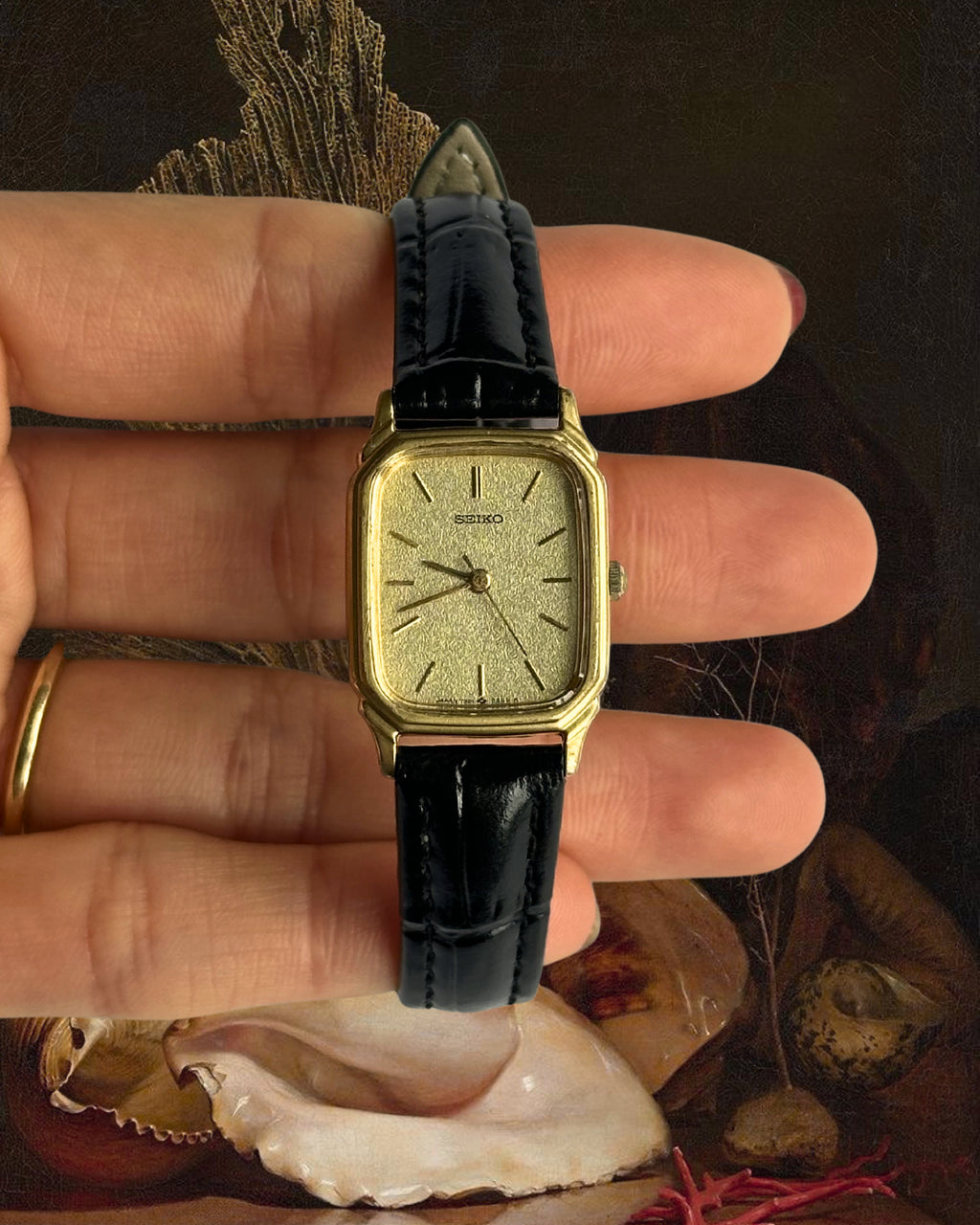 1980s Seiko rectangle black leather quartz watch
