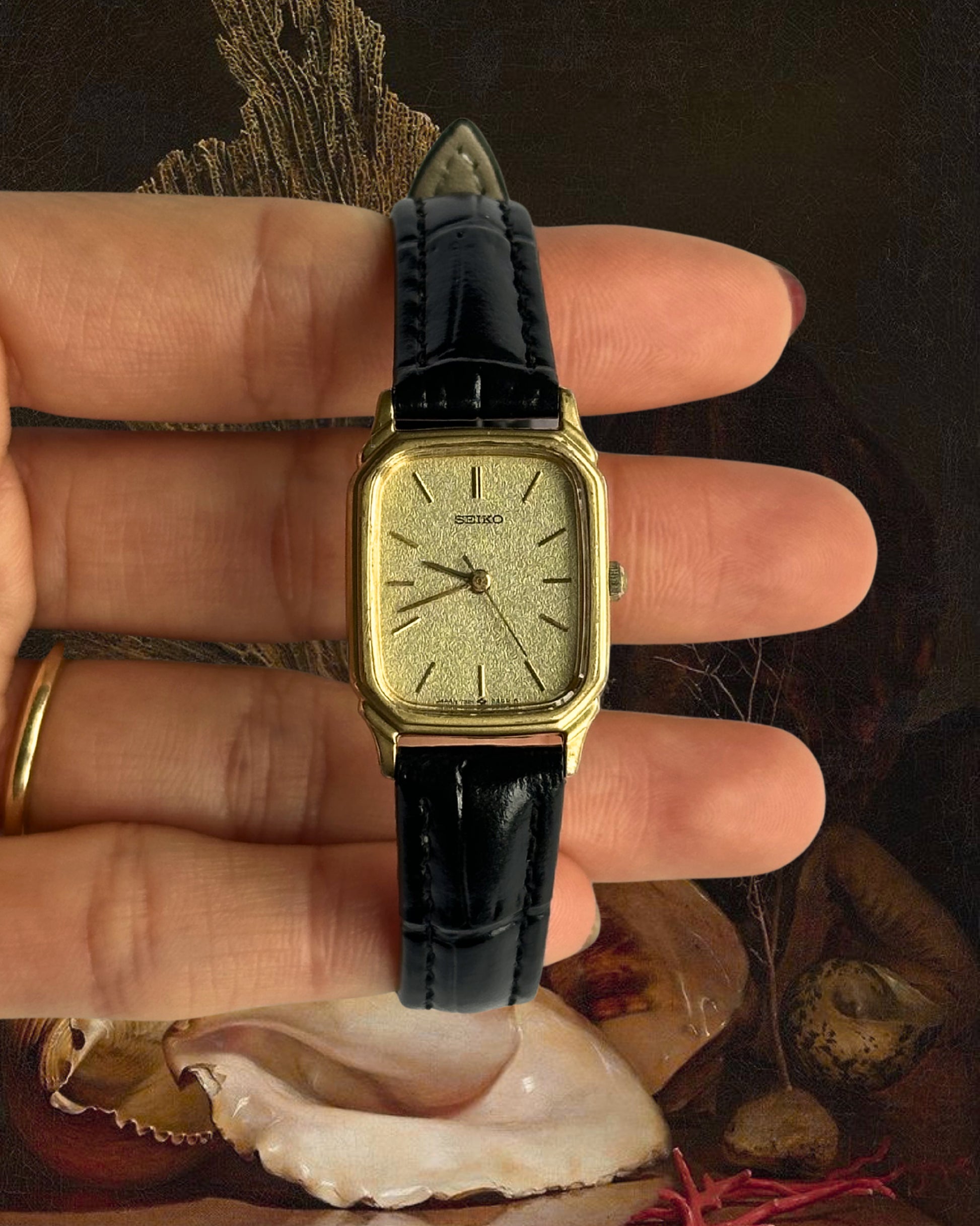 1980s Seiko rectangle black leather quartz watch