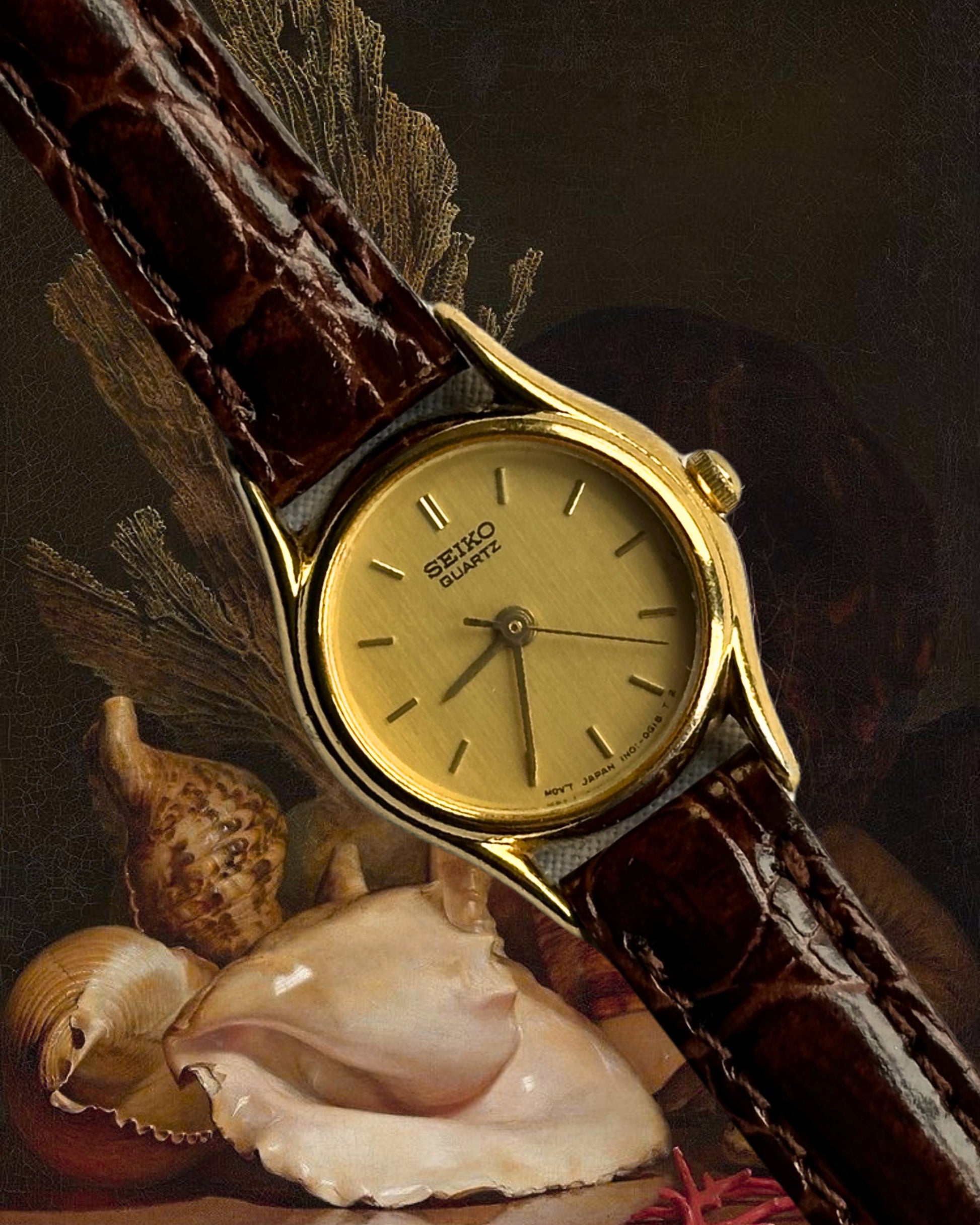 1980s Seiko round brown leather quartz watch