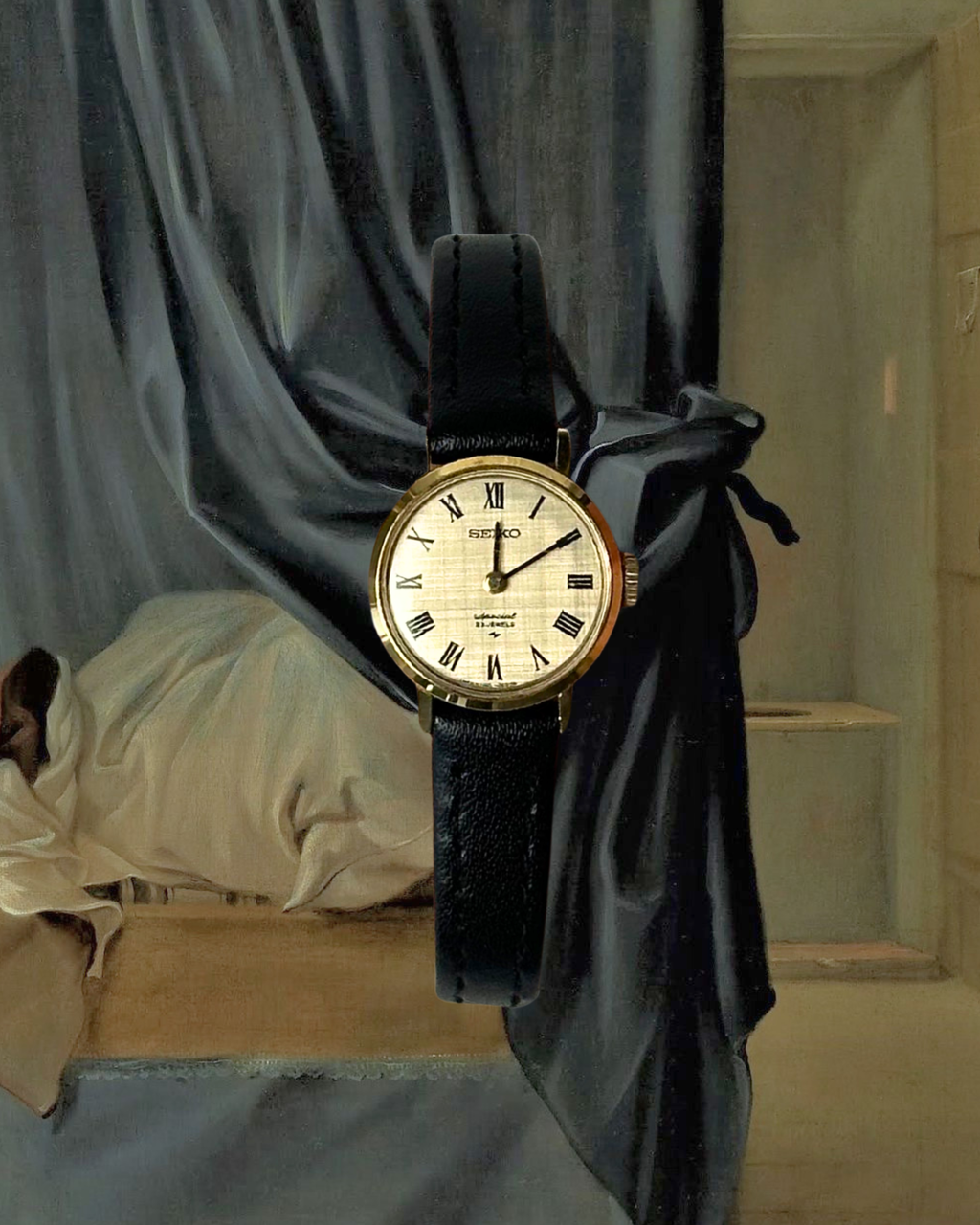 1980s Seiko textured roman dial black leather mechanical watch