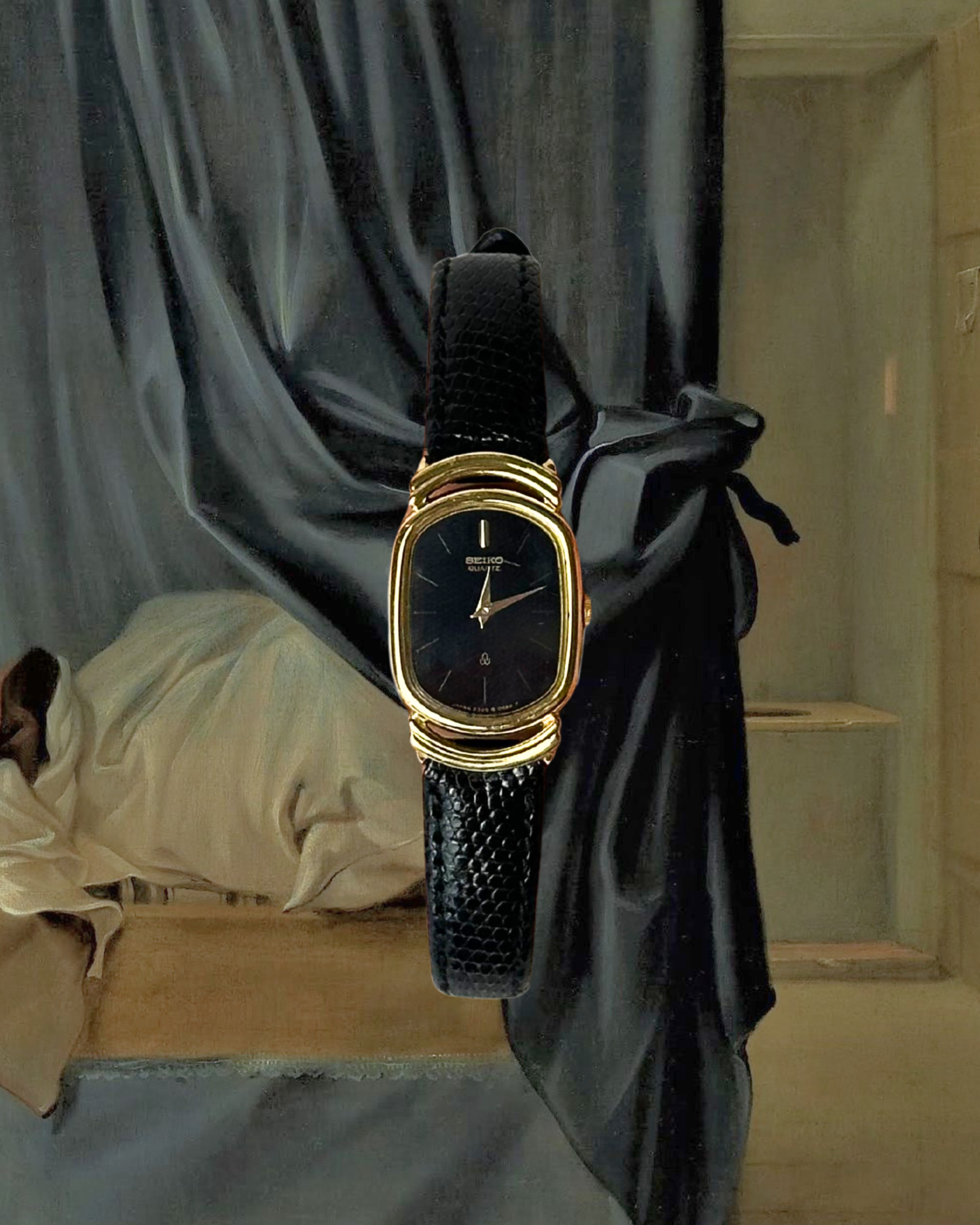 1980s Seiko black dial patterned leather quartz watch
