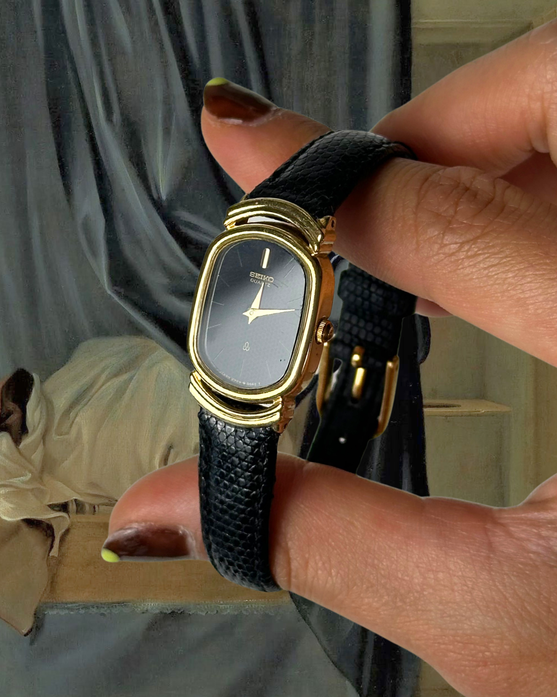 1980s Seiko black dial patterned leather quartz watch