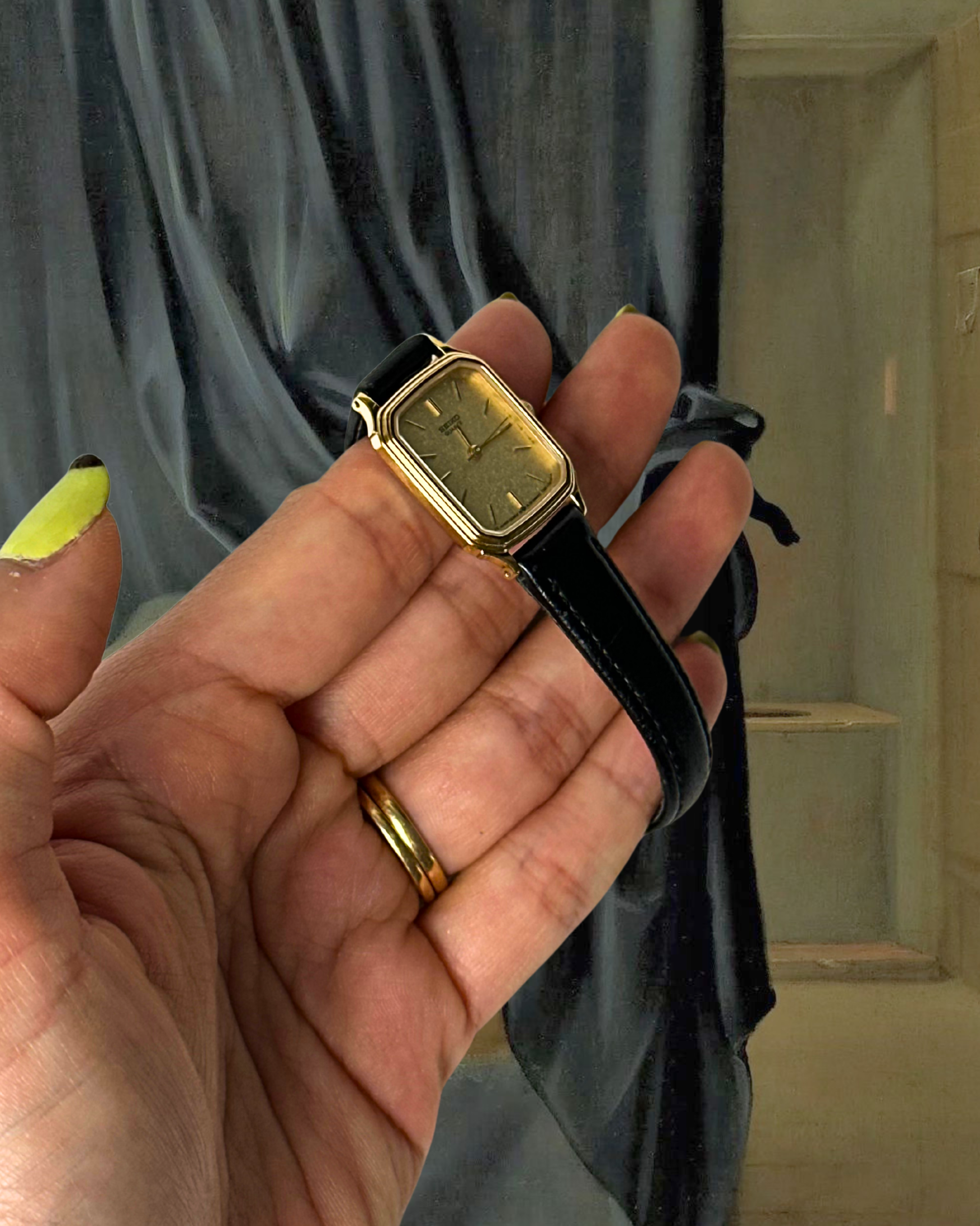 1980s Seiko champagne dial black leather quartz watch
