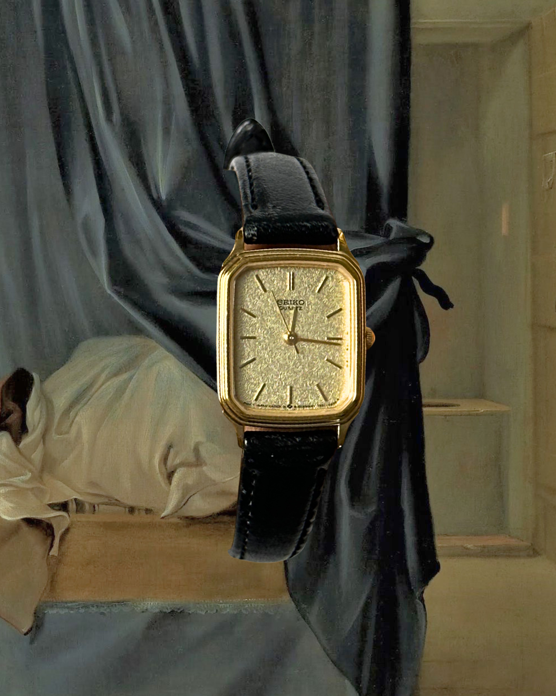 1980s Seiko champagne dial black leather quartz watch
