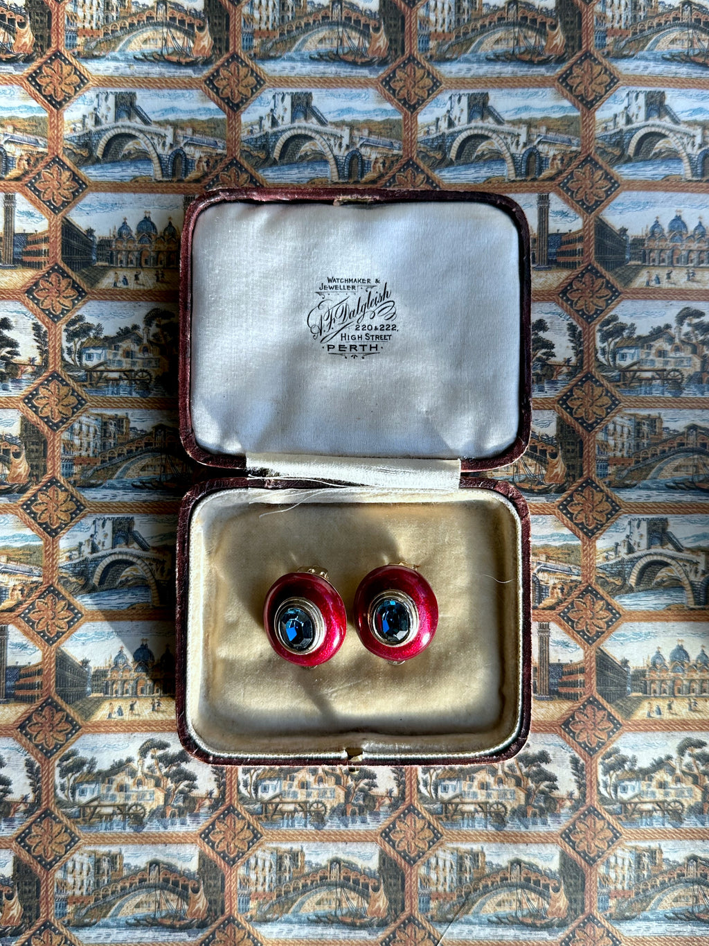 Scarlet enamel and blue stone clip-on earrings