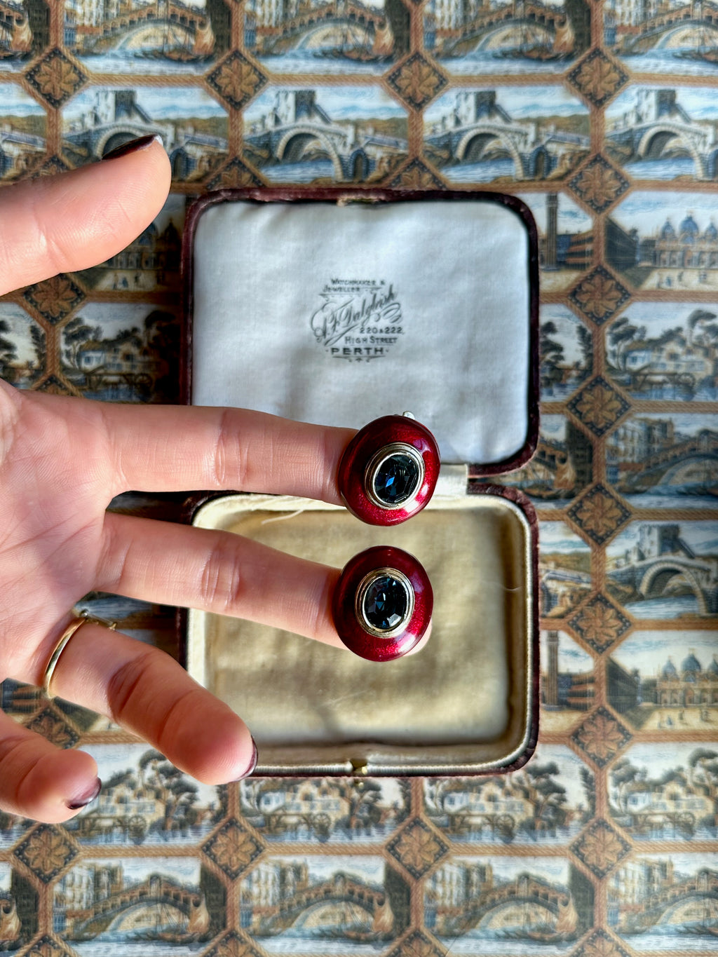 Scarlet enamel and blue stone clip-on earrings