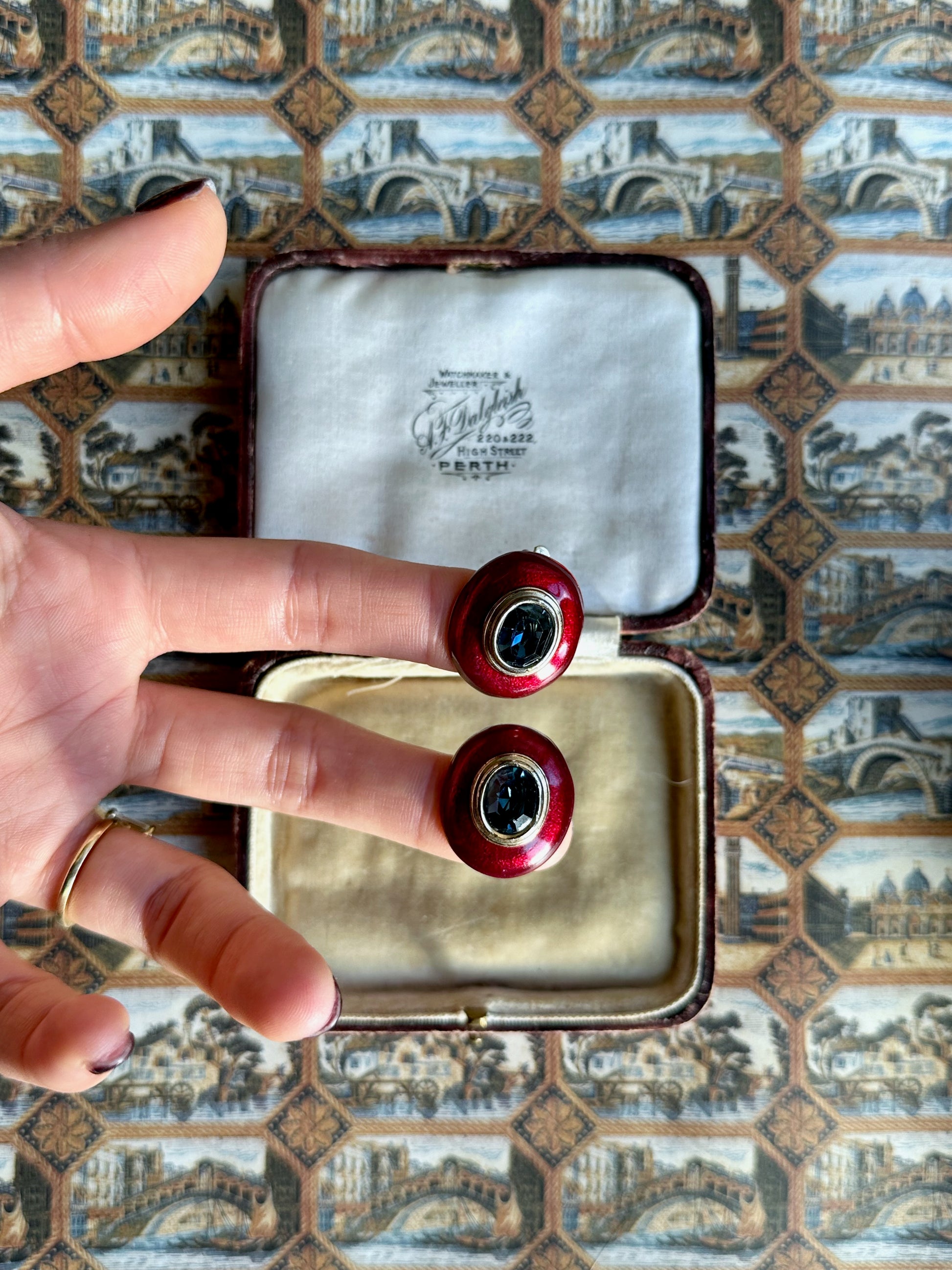 Scarlet enamel and blue stone clip-on earrings