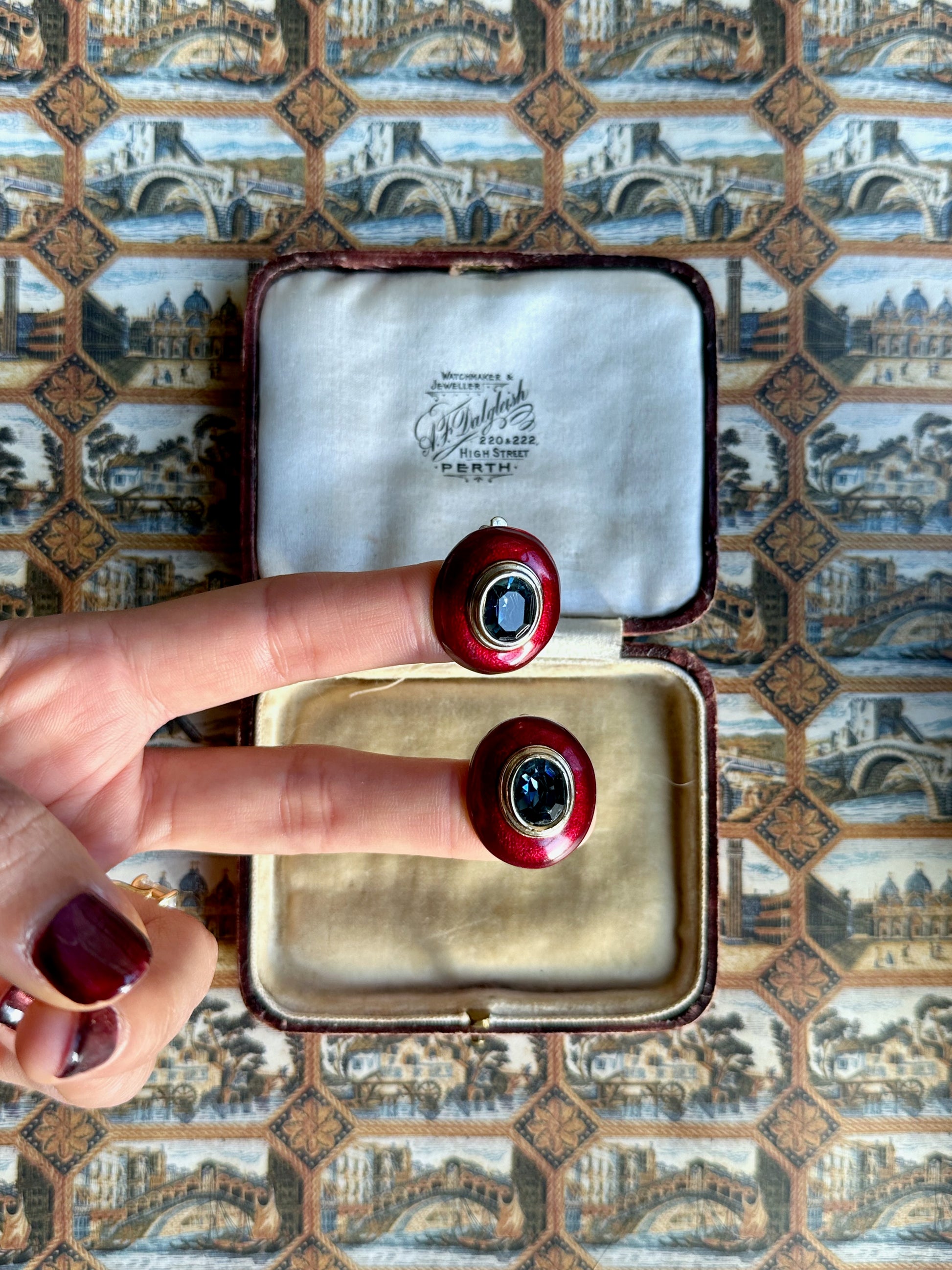 Scarlet enamel and blue stone clip-on earrings