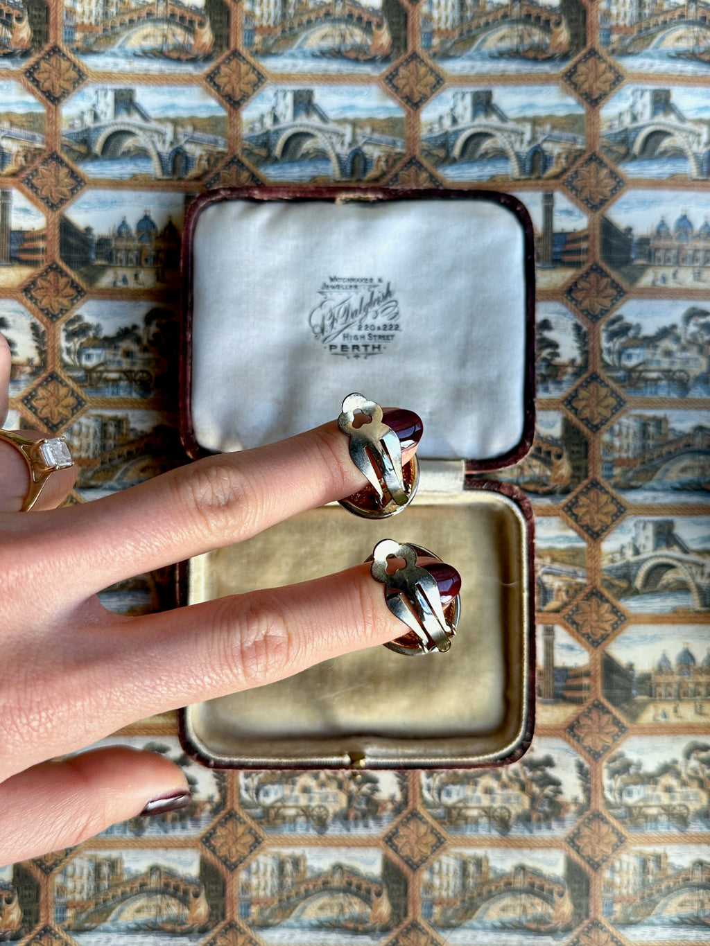 Scarlet enamel and blue stone clip-on earrings