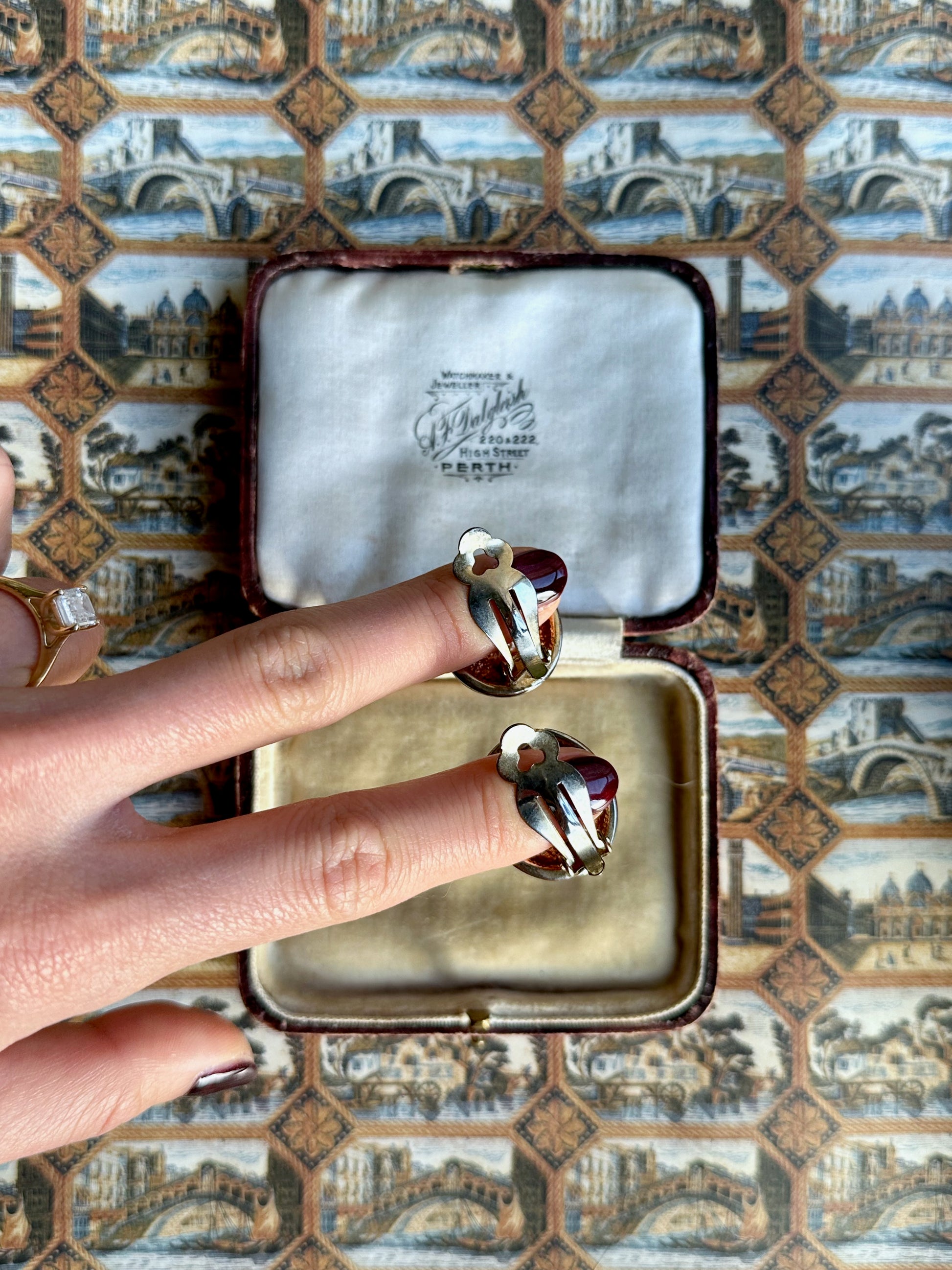 Scarlet enamel and blue stone clip-on earrings